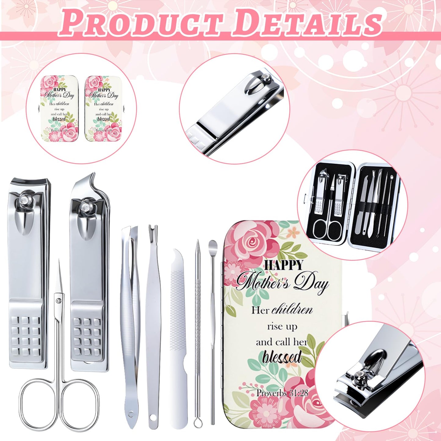 Chumia 20 Sets Mother's Day Christian Nail Set Bulk Bible Scripture Manicure Kit Stainless Steel Nail Clipper Set Happy Mother's Day Floral Religious Christian Gift for Mom Women Church Supplies