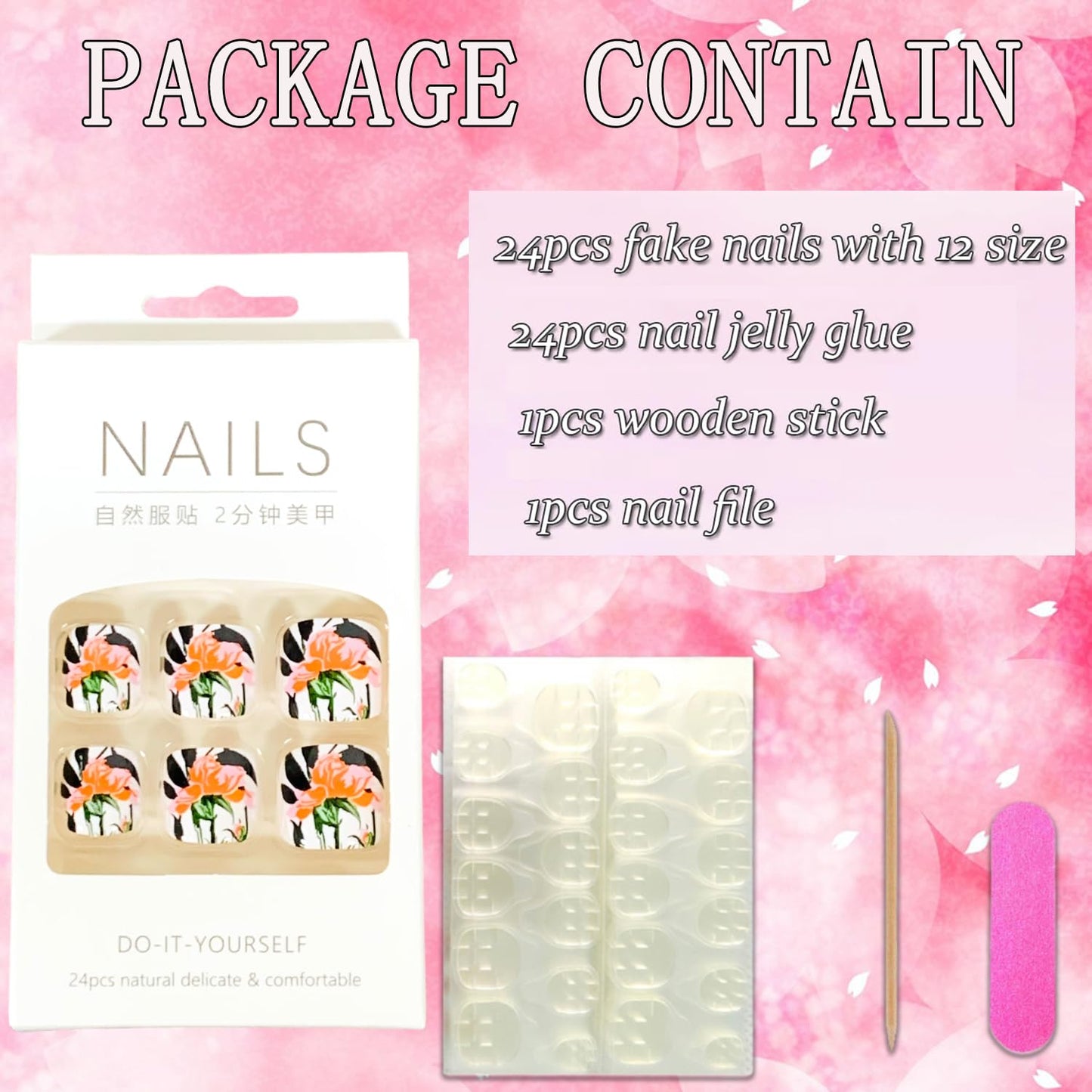 Press on Toenails with Flower Designs, Artificial Nude Fake Nails for Toe, Full Cover Glossy Coffin Acrylic False Nails, Glue on Toenails with Charm, Stick on Toe Nails for Women Girls(F110)