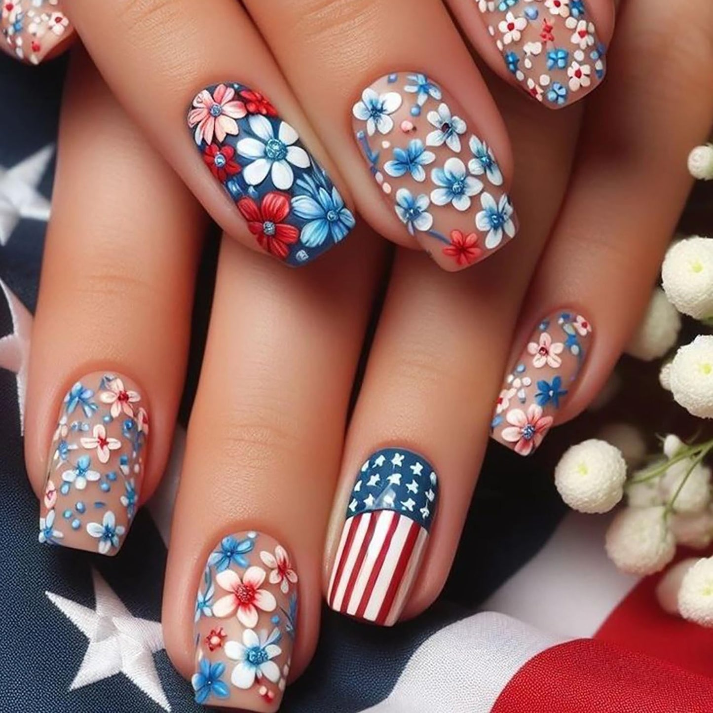 24Pcs Independence Day Press on Nails Medium Square Flower Red White Stripes Pattern Design Matte False Nails 4th of July Patriotic Artificial Nail Full Cover Holiday Manicure Glue on Nail for Women