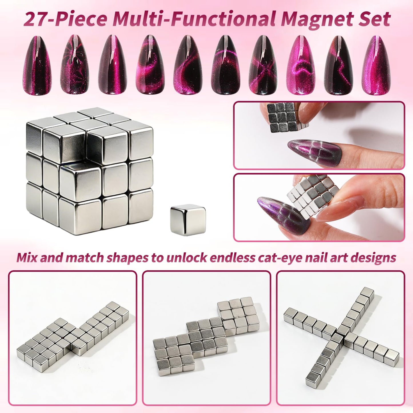 heemeei 56Pcs Cat Eye Magnet for Nails, Cat Eye Gel Nail Polish Magnet Set, Strong Magnetic Nail Polish Magnets for Nail Art, Heart Nail Design Tools Magnets for Salon & Home DIY Accessories