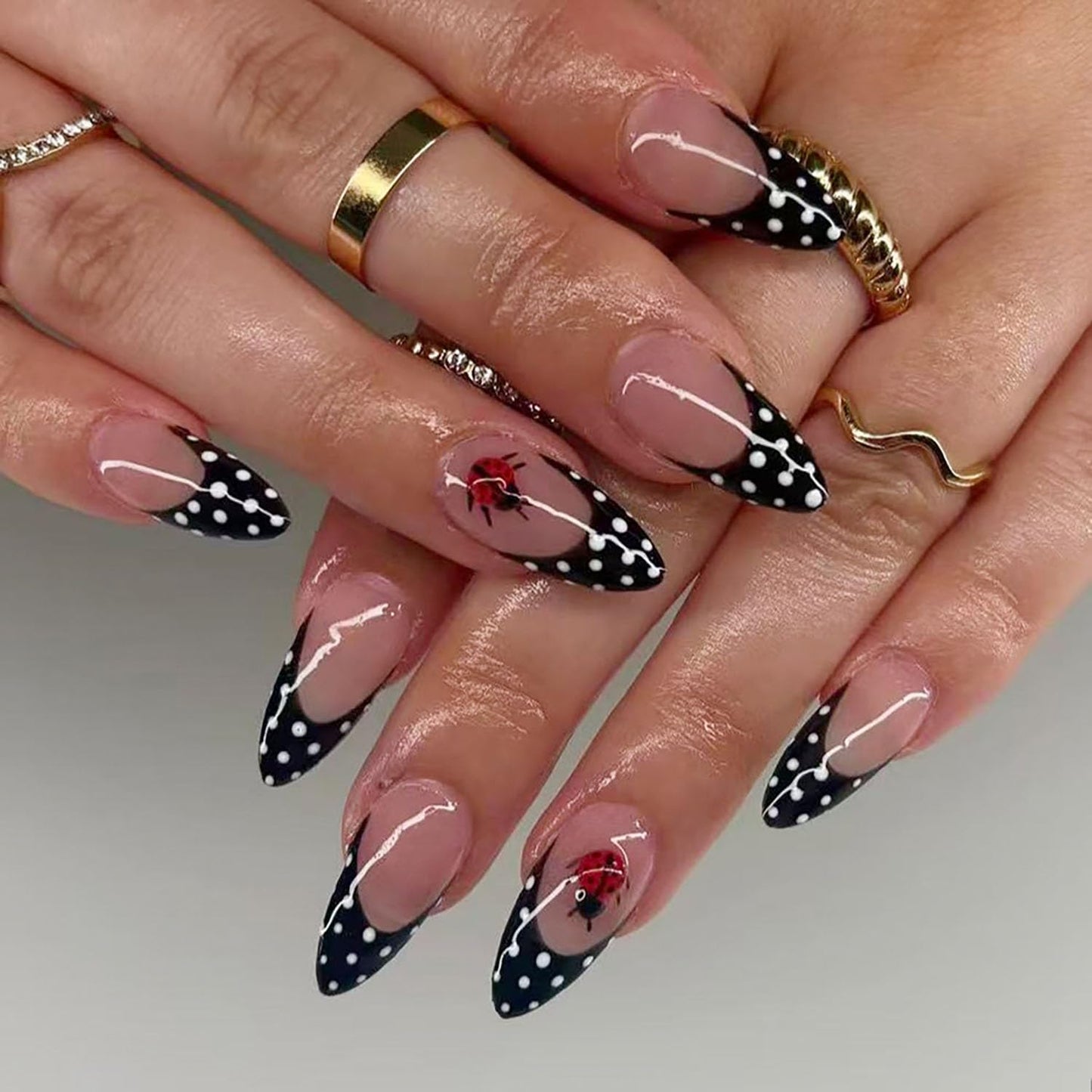 FIEONCIY Press on Almond Nails Short Length Glossy Acrylic Almond Shaped False Nails with Designs Artificial Medium Fake Nails with Charms Glue Stick on Fingernails for Women Girls(WSJ2401)