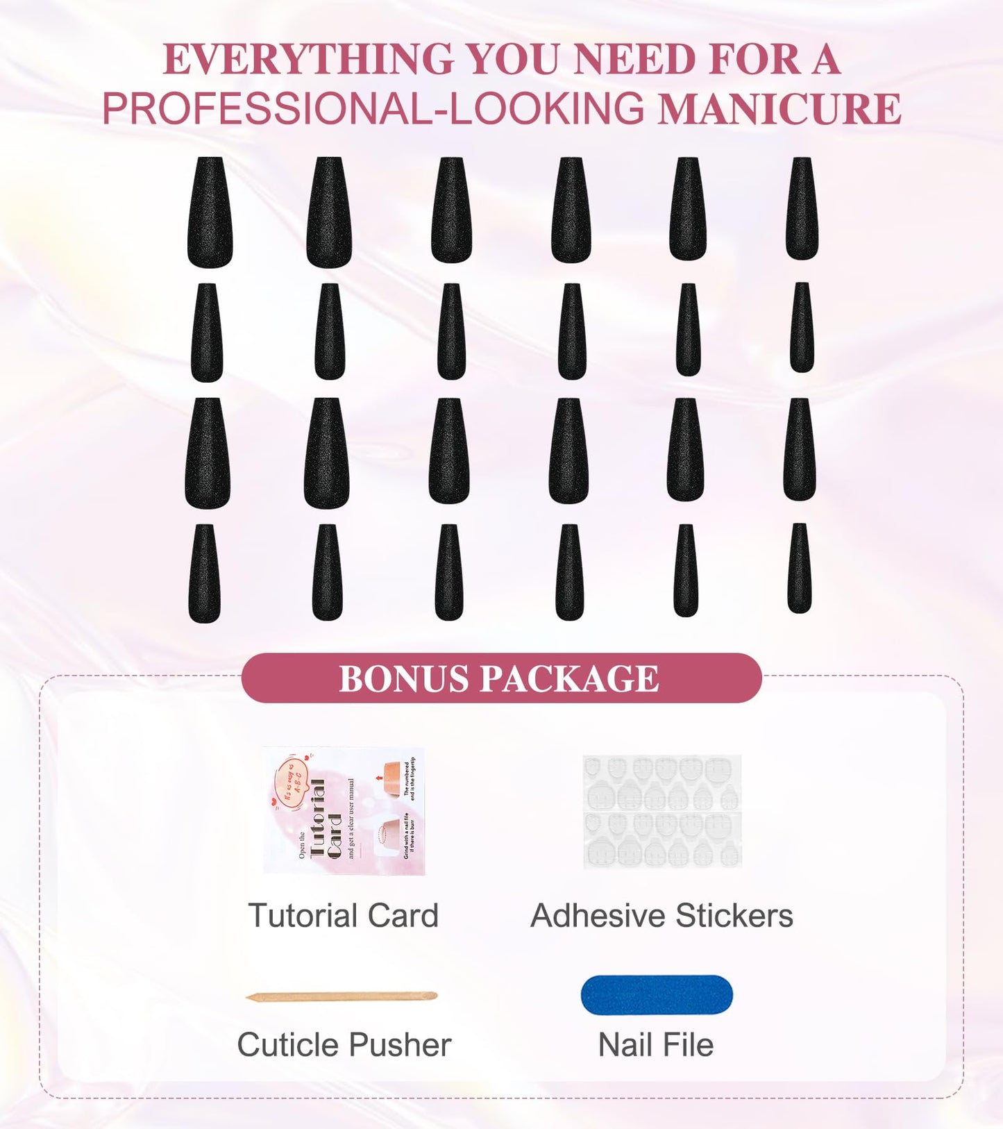 Aegenacess Black Press On Nails Coffin - Long With Glue Stickers, Glitter Stick On for Women, Light Weight in 12 Sizes, 24pcs Fake Nail Kit
