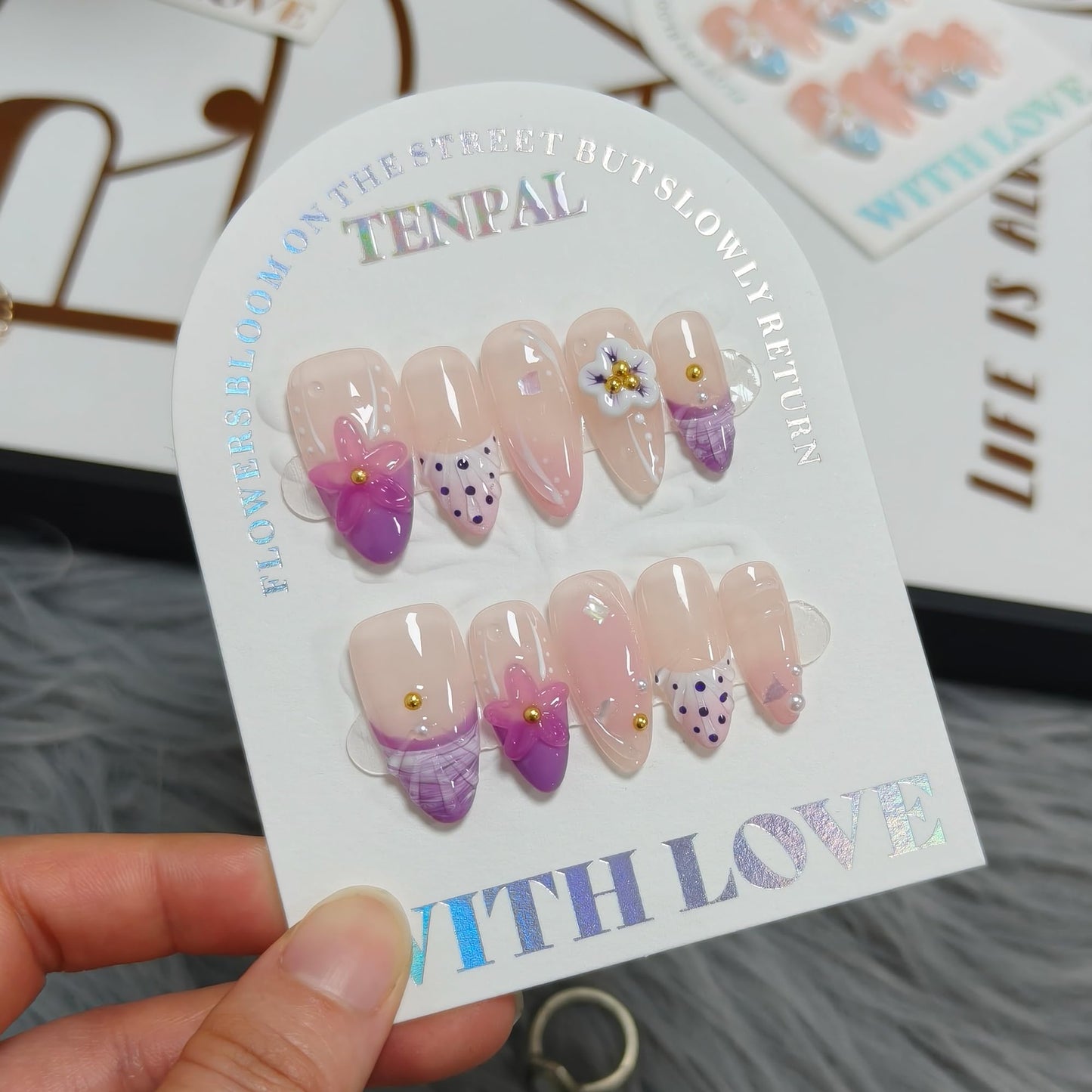 TENPAL Handmade Soft Lilac French Tips Press on Nails Medium Almond with 3D Glitter Floral & Pearl, Handmade & Reusable, Sheer Flattering False Nails for Everyday Summer Wear 10PCS(S)