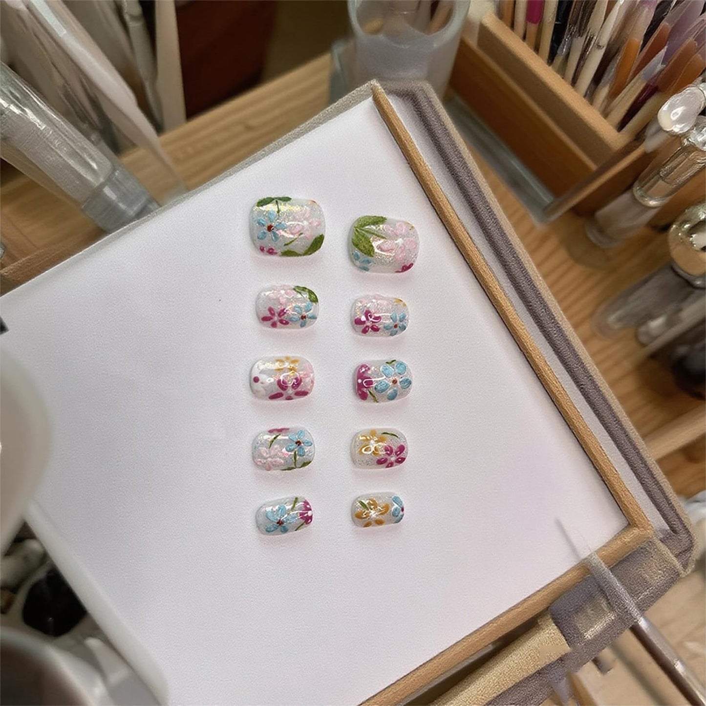 Handmade Press on Nails Short Square Fake Nails Press Ons Luxury Cute Flower Full Cover Stick on Nails Glitter Glue Nails for Women Girls Manicure (Oil Painting S)