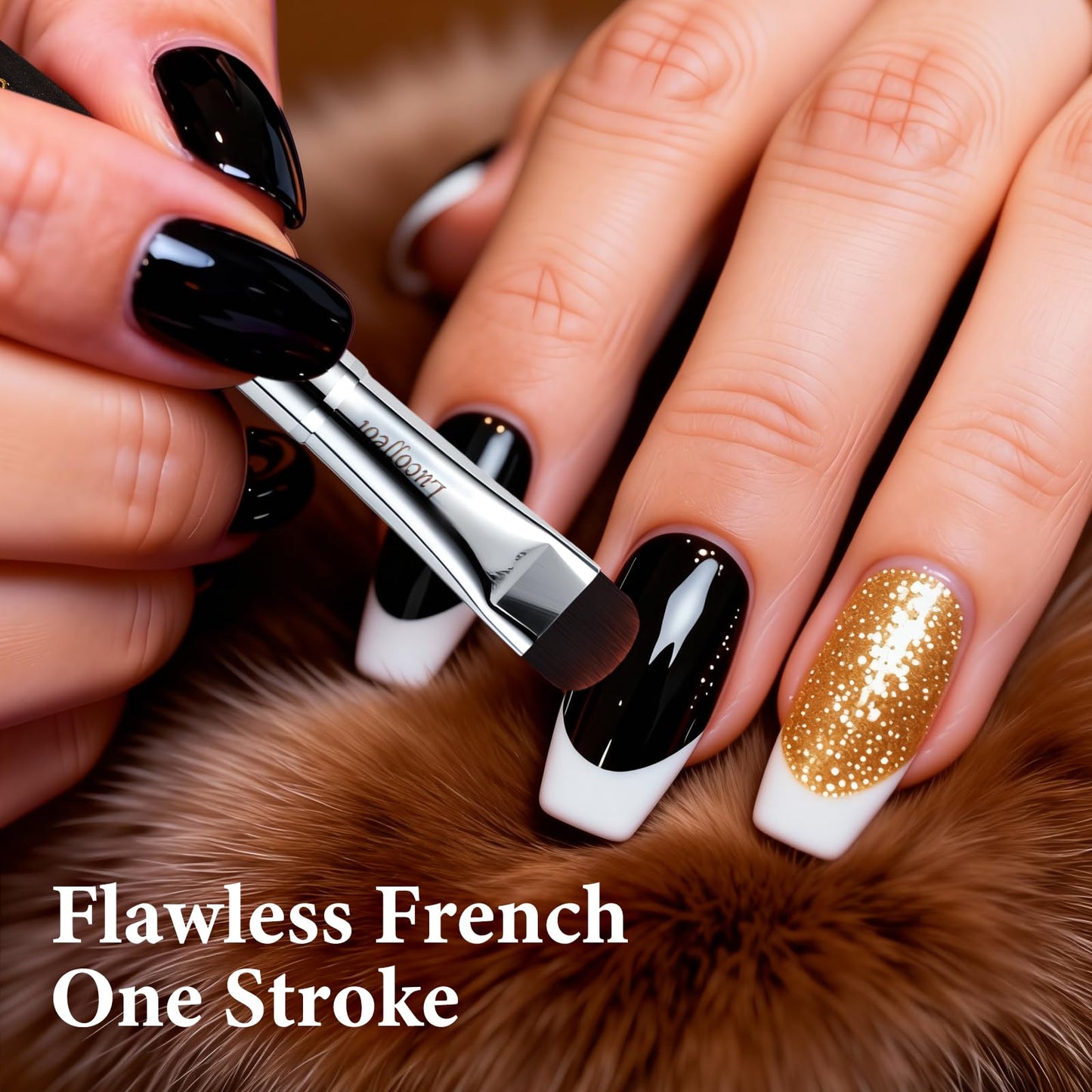 Lucoffeoi Nail Art Brush,2-in-1 French Tip and Cuticle Cleanup Brush for Gel Polish,Professional Nail Tool with Wooden Handle（French F18）