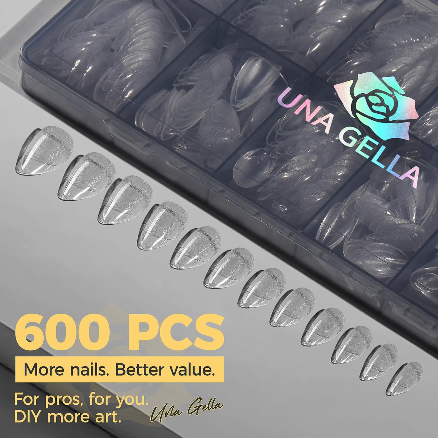 UNA GELLA Short Almond Gel Nail Tips, 600 Pcs Pre-Filed Short Nail Tips Almond Shape Half Matte Press On Nails 12 Sizes Full Cover Clear Fake Nails for Extension Home DIY Salon with Box