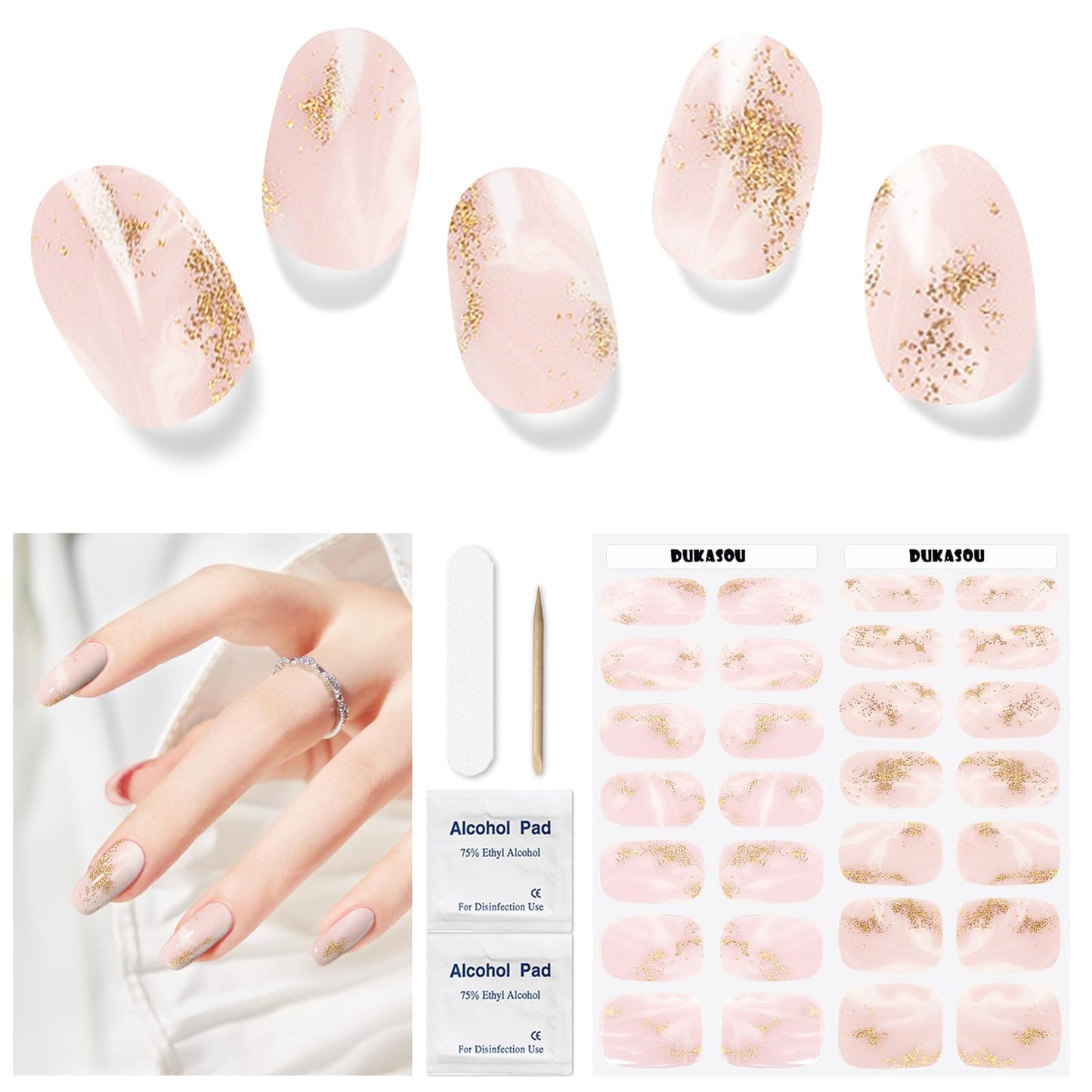 DUKASOU Semi Cured Gel Nail Strips 28 pcs French Nail Stickers for Women (Gold foil Stamping) Full Nail Wraps -UV Lamp Required Long Lasting Easy to Apply