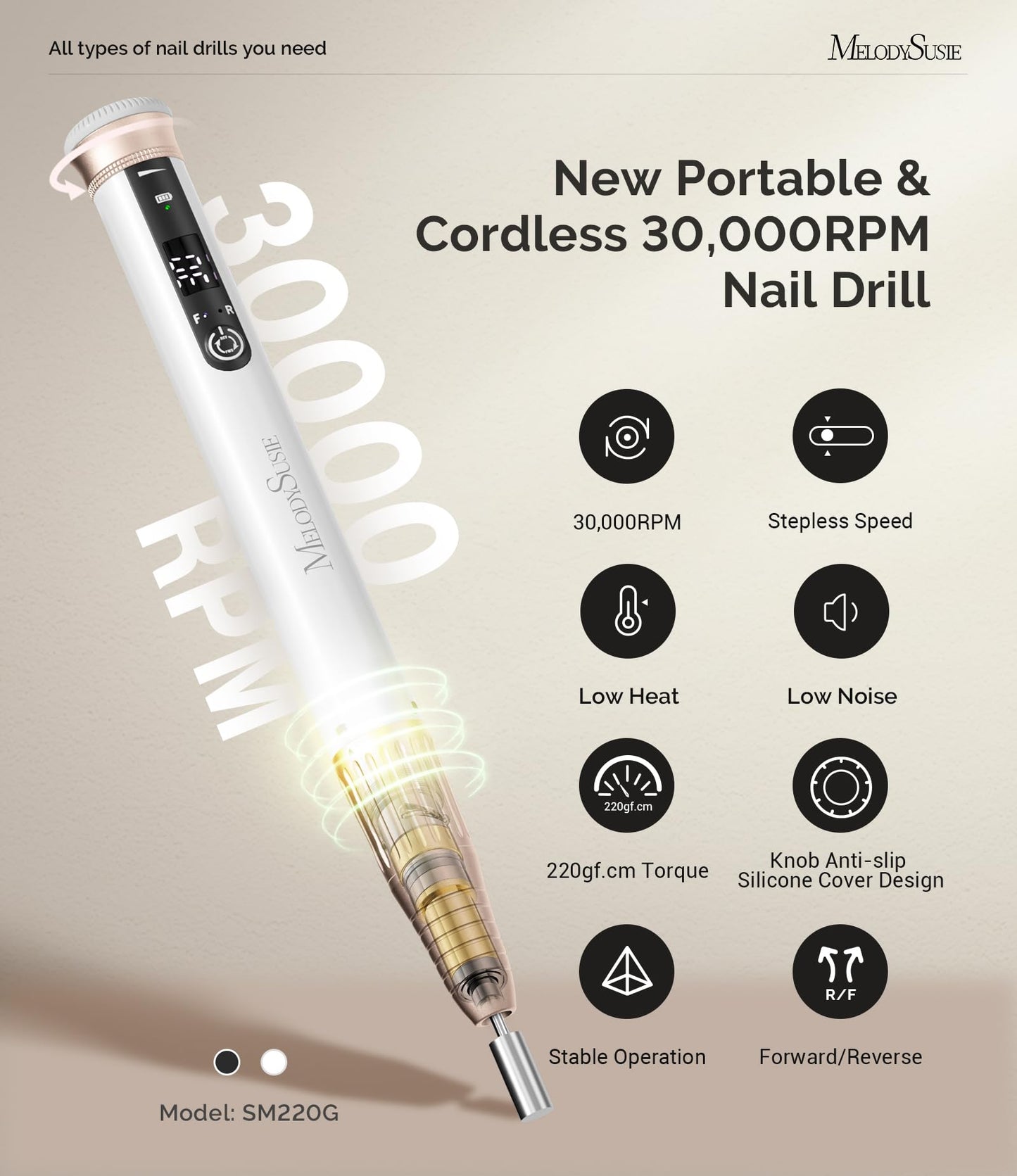 MelodySusie Pen-Shaped Stepless Speed Adjustment Cordless Nail Drill, SM220G 30000RPM Portable Rechargeable E-File with Rotary Lock for All Manicure Shaping & Acrylic Gel Removal for Pros at Home