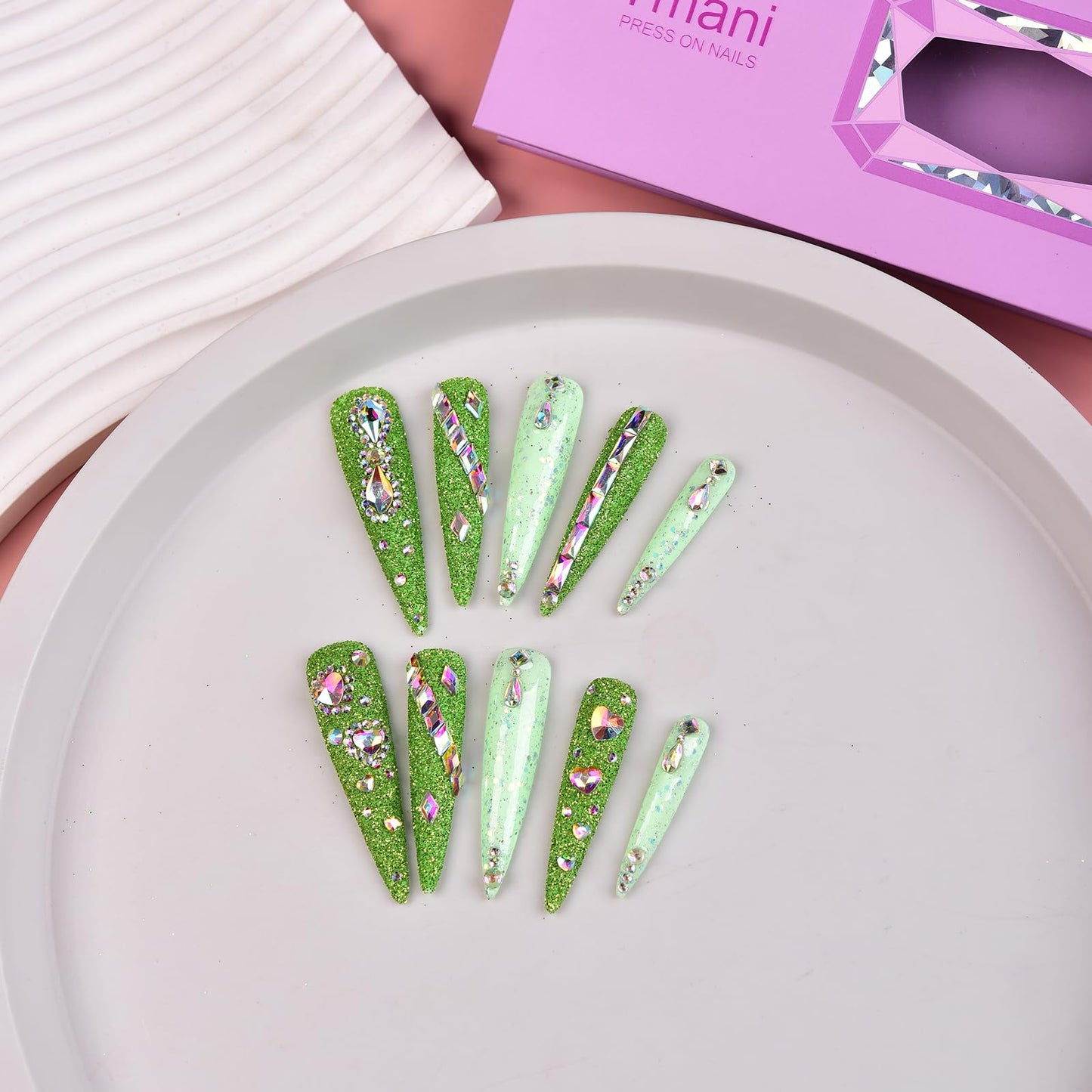 Tmani 10pc/set Extra Long Handmade Press On Nail Hot Girl's Long Ballet Nails Pointed Nail Full of Diamond Glitter Decoration Fake Nails Suitable For Girls Festival Parties and Birthday Gift（206,S)