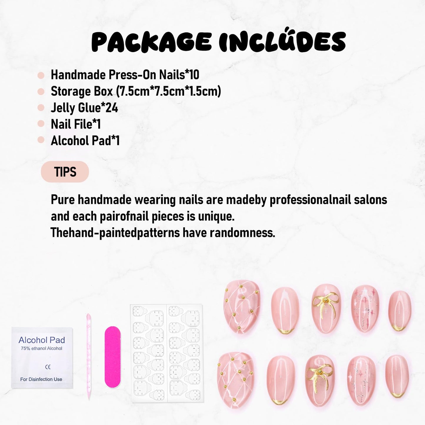 Pink Press on Nails Thick and Muti-Layer Gel Fake Nails Bow French Tip False Nails with Bow Star Design White Hand-draw Lines Stick on Nails Full Cover Artificial Nail for Women DIY (Size M)