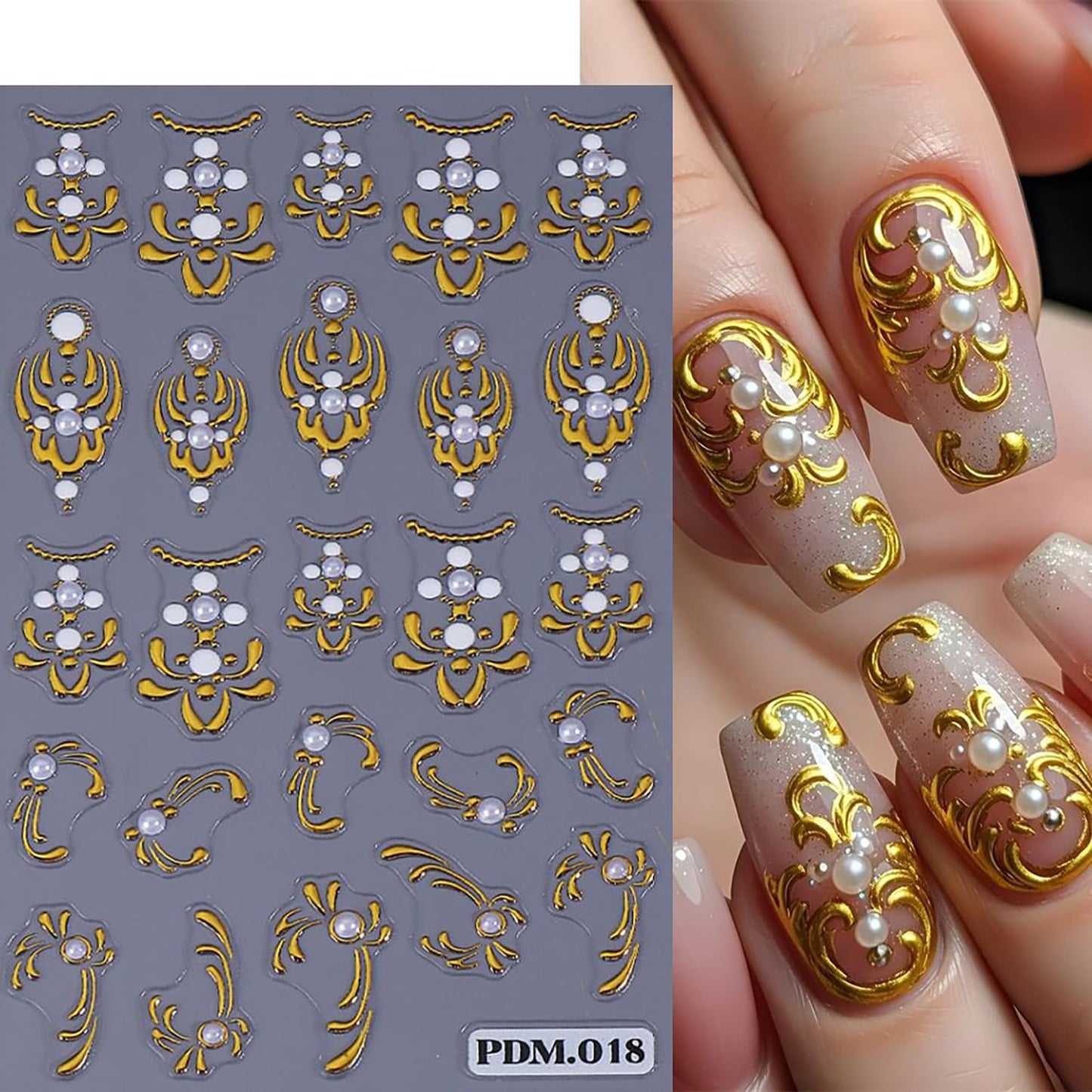 2 Sheets Gold Nail Art Stickers Golden Flower with Pearl Nails Stickers 5D Relief Self -Adhesive Gold Totem with Pearl Nail Decals Holographic Stereo French Nail Decoration for Women DIY Manicure
