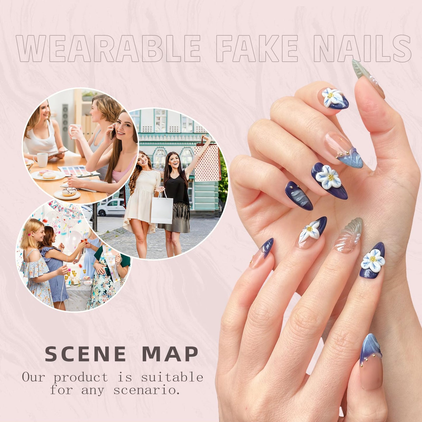Handmade Press-On Nails – Medium Almond Thick Acrylic Gel Nails, Reusable 3D Flower False Nails, Gradient Blue French Tip Manicure – Salon-Quality DIY Nail Art(10PCS-M)