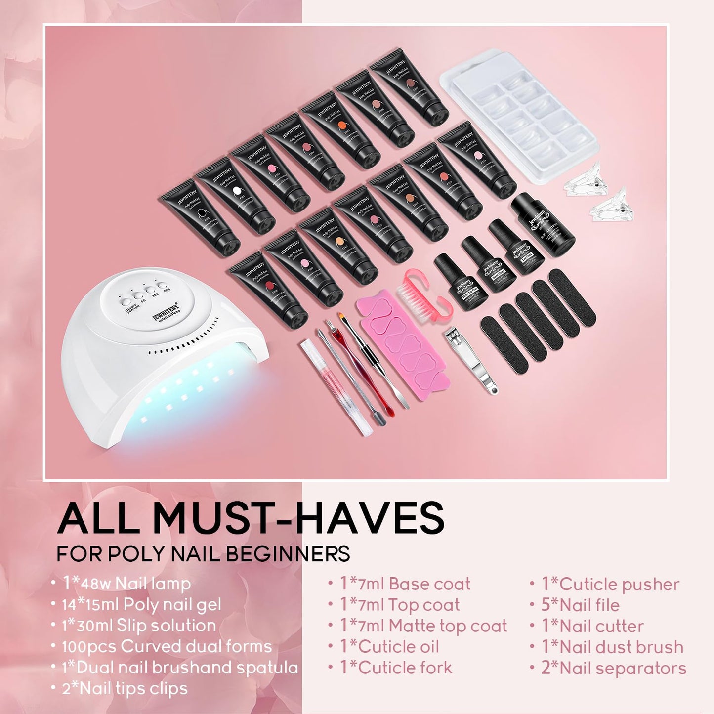 JEWHITENY 14 Colors Poly Extension Gel Nail Kit With U V Lamp Nude Pink White Brown All In One Poly Gel Starter Kit With Base Top Coat Manicure Salon Frence Nail Art DIY