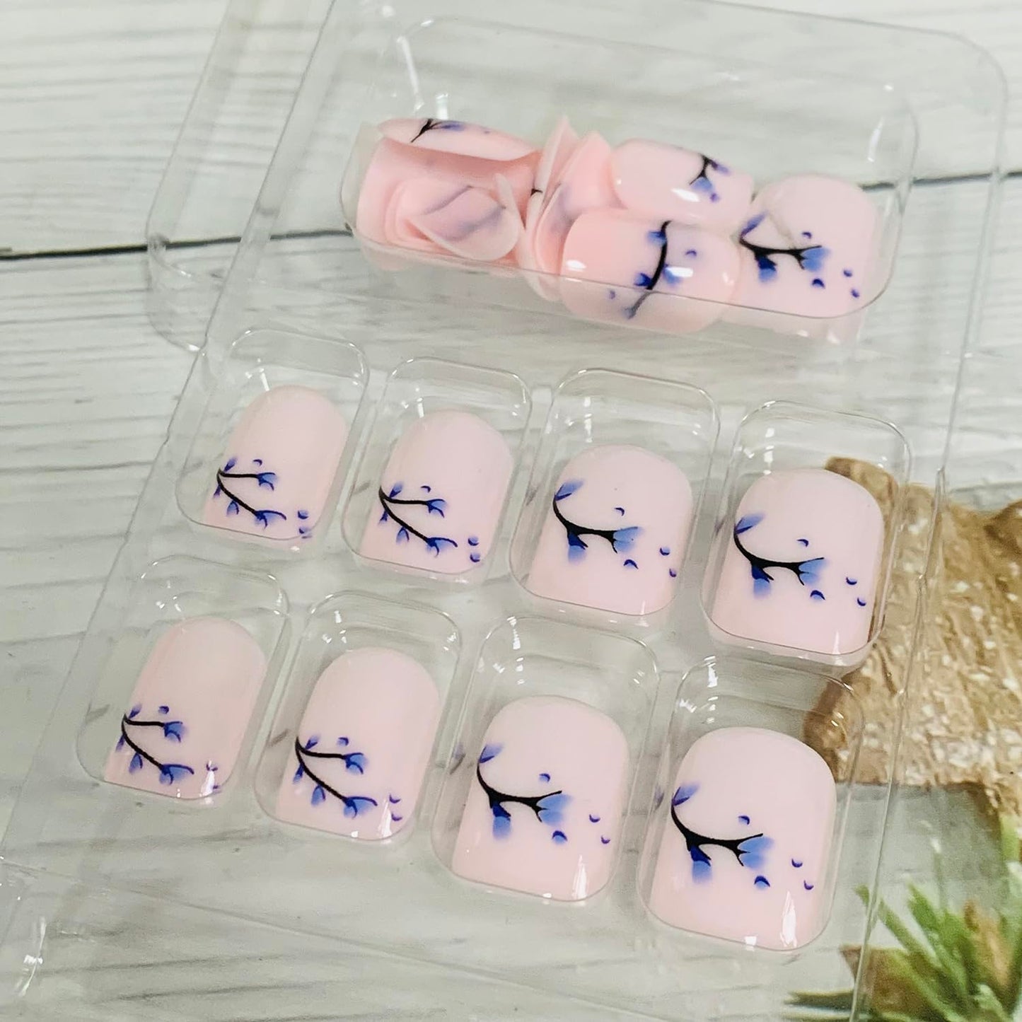 Vezocim Flower Press on Nails Square Shapes, 24Pcs Nude Short Artificial Fake Nails with Blue Floral Bud Designs, Full Cover Glossy Coffin Acrylic False Nails, Stick on Fingernails for Women(W1048)