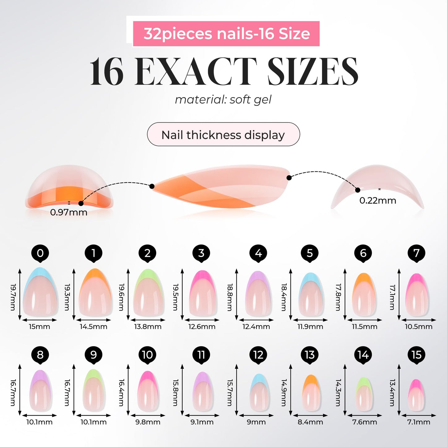 UNA GELLA 32Pcs Soft Gel Press on Nails - 16 Sizes Spring Summer French Tip Almond Glue on Nails, Reusable Neon Pastel Rainbow False Nails, Full Cover Acrylic Nail Kit for Women DIY Home Manicure