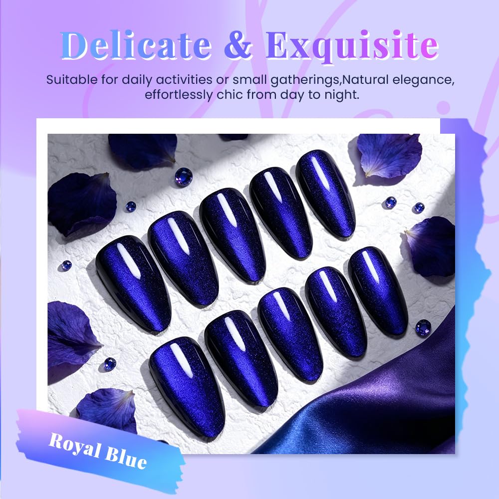 evpct Royal Blue Cat Eye Chrome Press on Nails Almond Medium No Glue, Holographic Medium Almond Stick on Fake Nails for Women, Glossy Cat Eye Effect, Perfectly Fit Salon-quality Soft False Nail