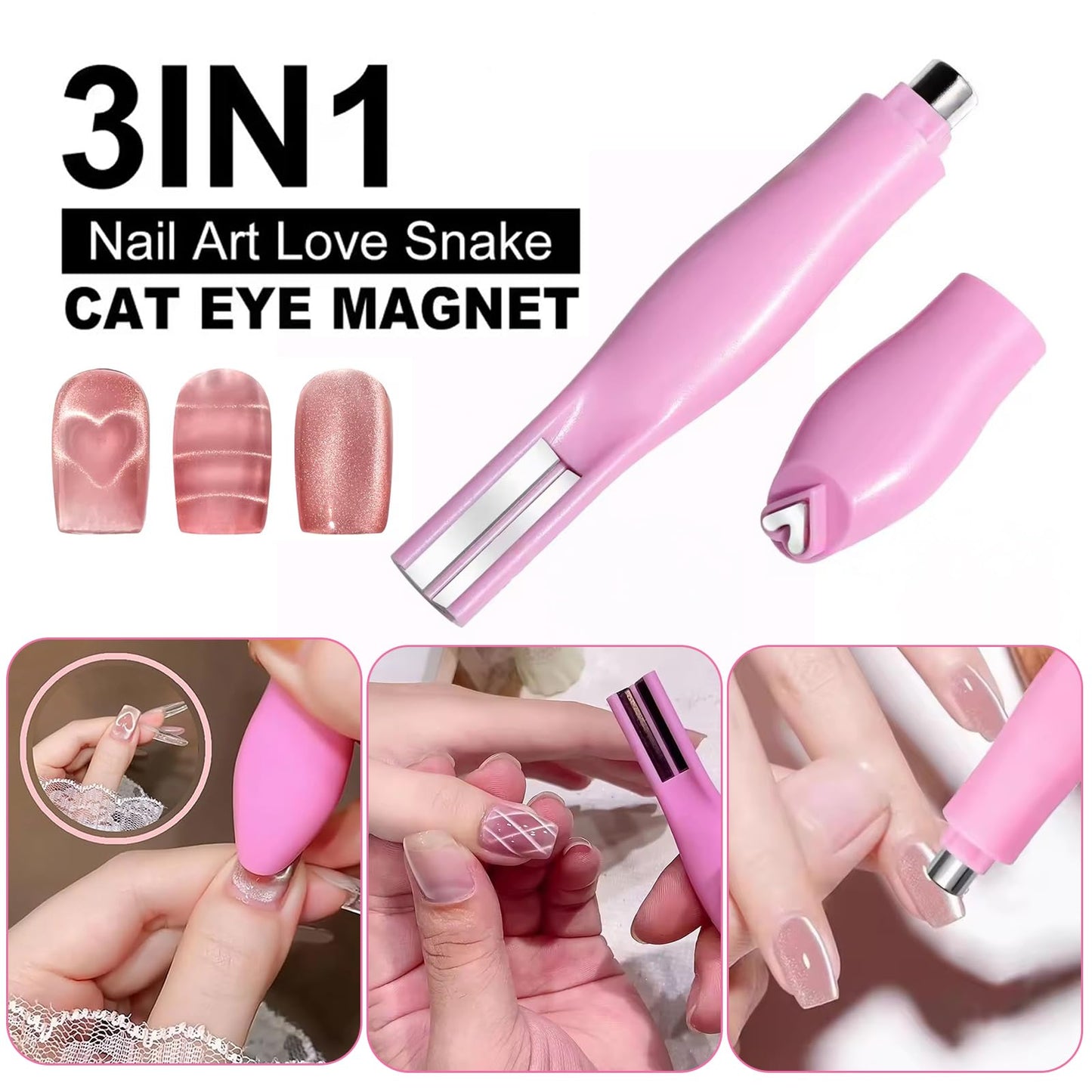 YECIRALA 2 Pcs Nail Art Cat Eye Magnets For Nails, 3 In 1 Pink Nail Magnet Pen And 5D Automatic Strong Magnet Tool For Cat Eye Designs Magnets, Heart, Lines & Wide Light Gel Nail Polish Magnet