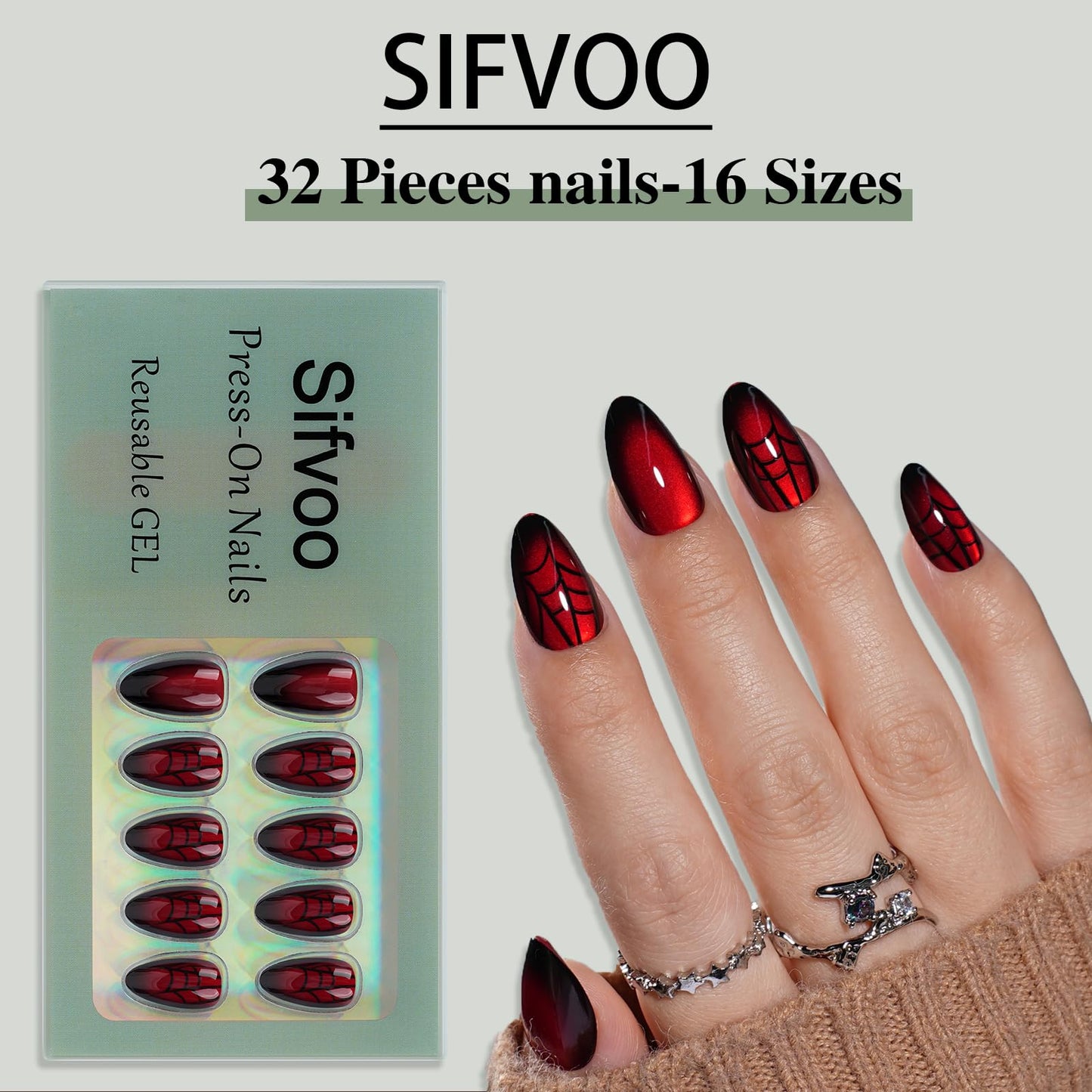 Sifvoo Red Spider Web Cat Eye Press On Nails Short Almond, Glossy Reusable Press On Nails for Women, 32 Count 16 Sizes Nail Kit with Glue (SV-10)