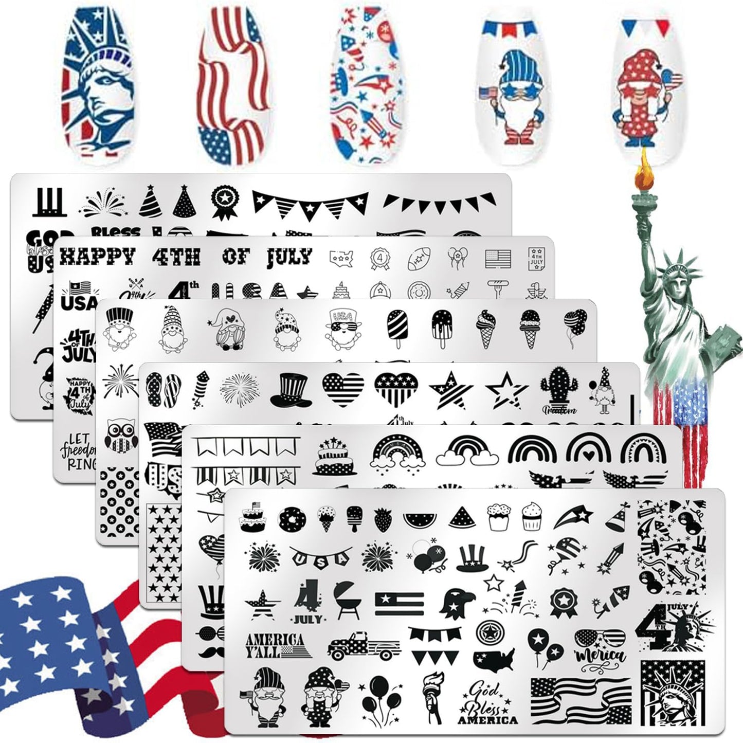 SILPECWEE 6 Pieces 4th of July Nail Stamping Plate Independence Day Nail Stamp Patriotic American Nail Design Stamp Stencils Nail Art Template Nail Art Stamping Kit Tools