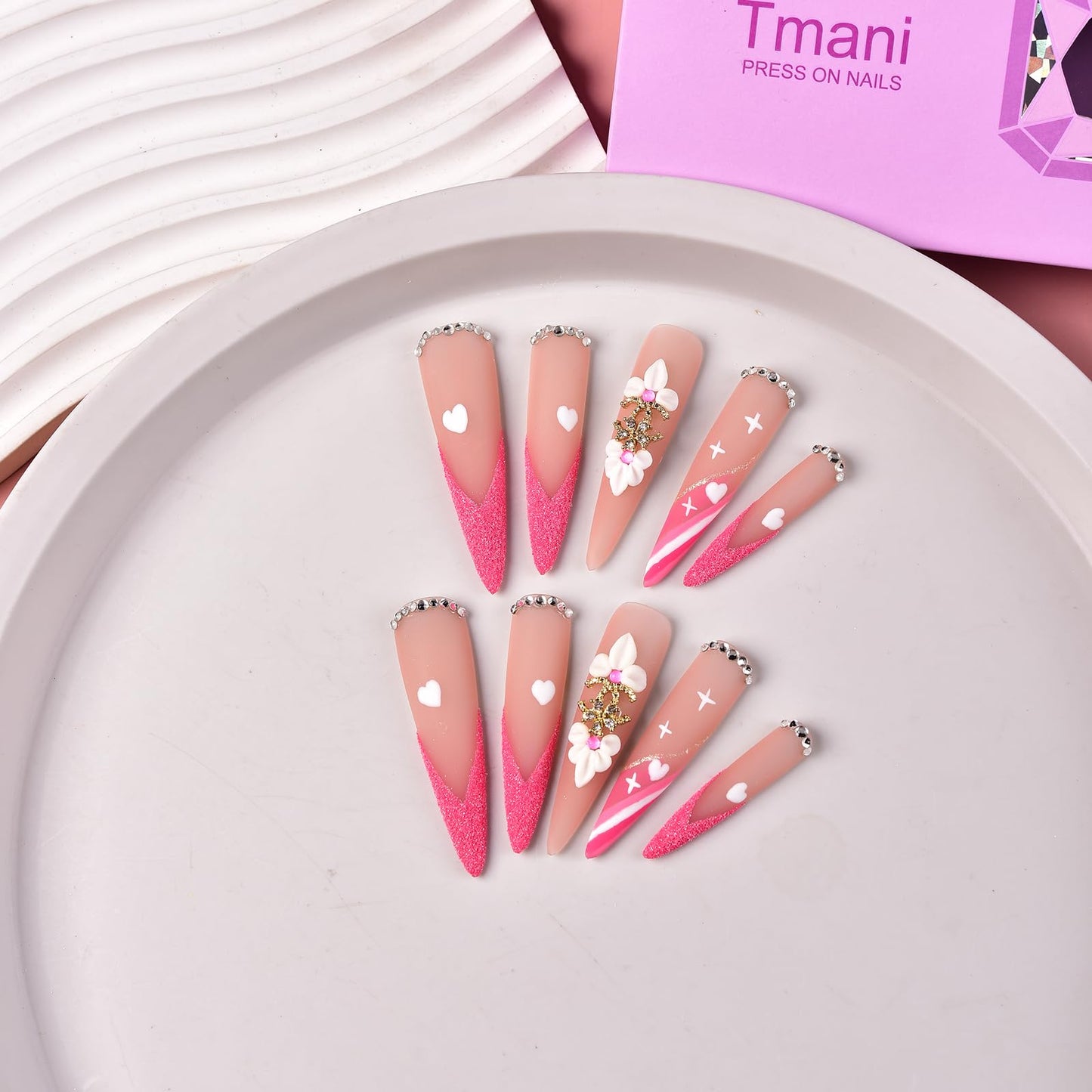 Tmani 10pc/set Extra Long Handmade Press On Nail Hot Girl's Long Ballet Nails Pointed Nail Full of Diamond Glitter Decoration Fake Nails Suitable For Girls Festival Parties and Birthday Gift (269,M)
