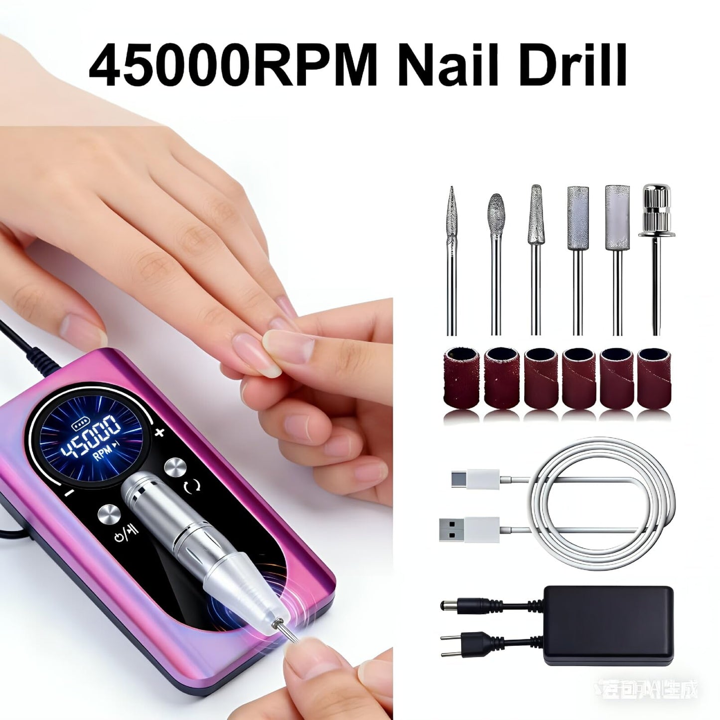 mcdhhemo Nail Drill Machine, Professional 45000RPM Purple Cordless Rechargeable Electric Nail File for Acrylic Nails Removal, Portable Manicure Pedicure Kit for Salon Home Use