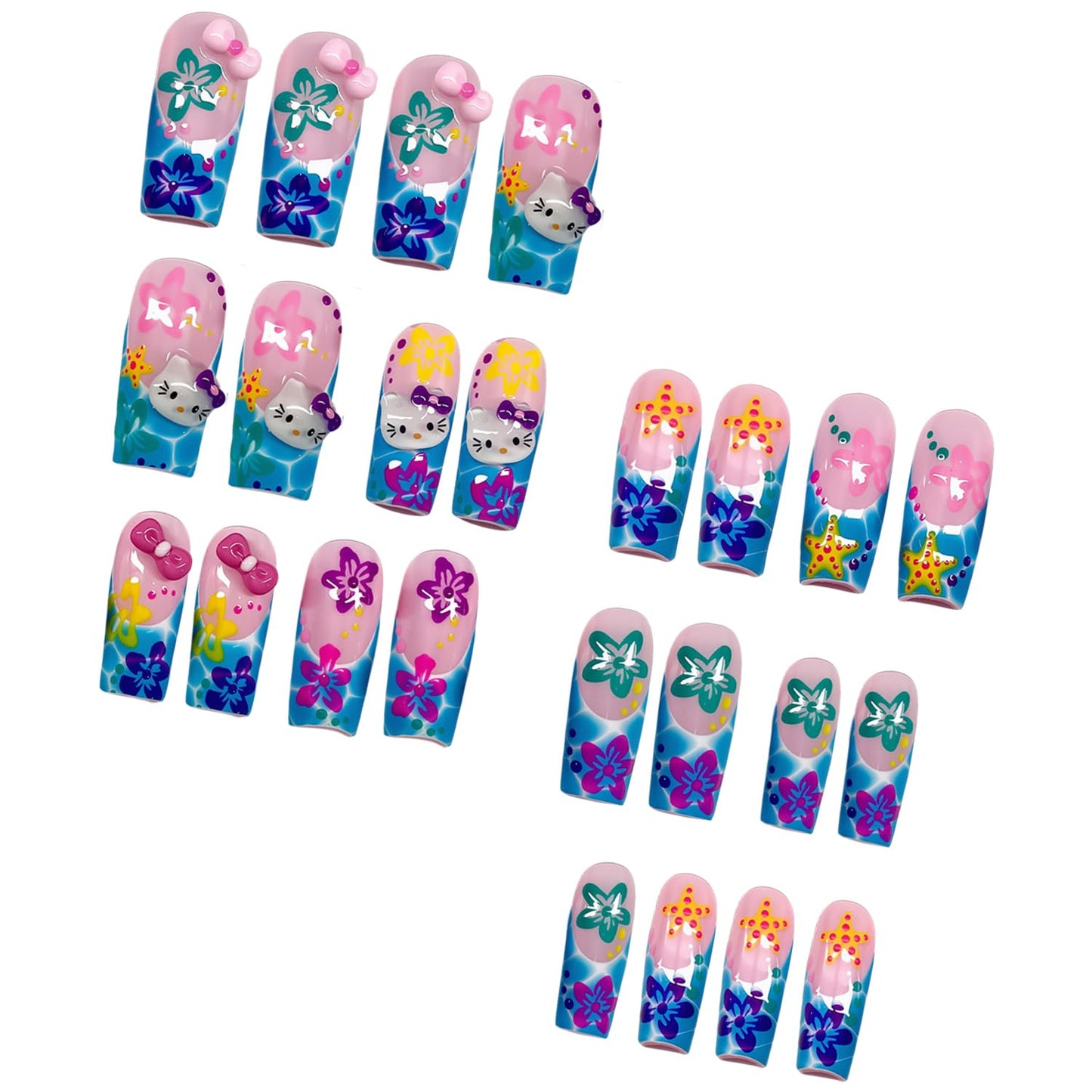 24Pcs Summer Press on Nails Long Coffin Fake Nails with Cute Bow Designs Summer Beach Acrylic Nails Starfish Hibiscus Flower Acrylic Nails Cute Cartoon French Tip Full Cover Glue on Nails for Women