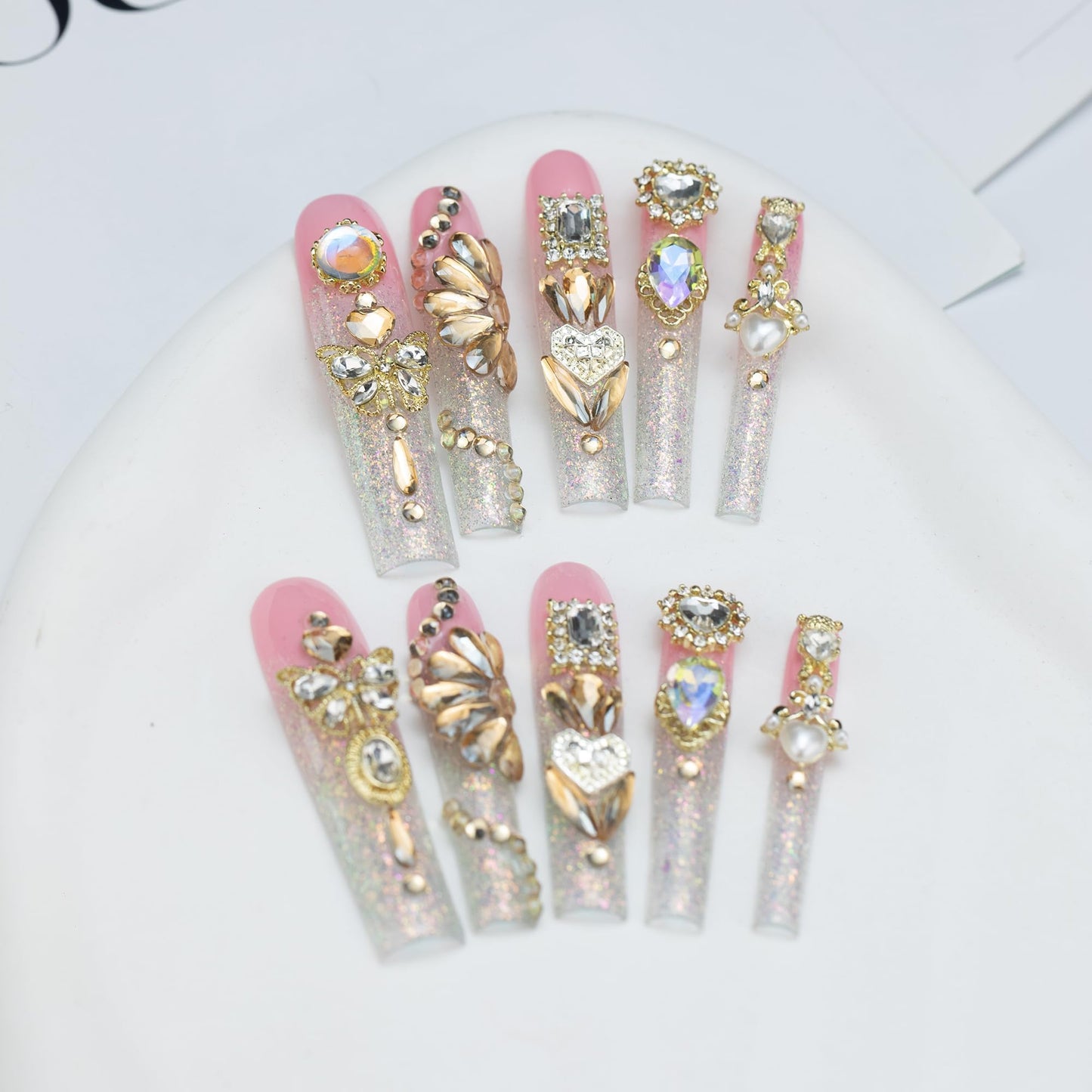 Tmani 10pc/set Extra Long Handmade Press On Nail Hot Girl's Long Ballet Nails Square Nail Full of Diamond Glitter Decoration Fake Nails Suitable For Girls Festival Parties and Birthday Gift(Pink,S)