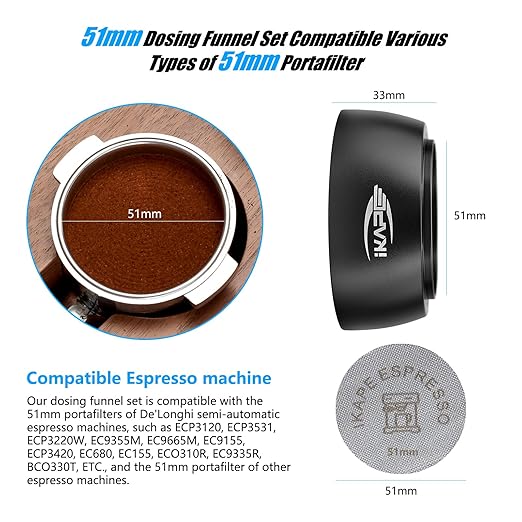 IKAPE Magnetic Dosing Funnel Set, 51MM Espresso Dosing Ring & Puck Screen Kit Compatible with Delonghi 51MM Bottomless Portafilter - with 8 Small Magnet (Black)