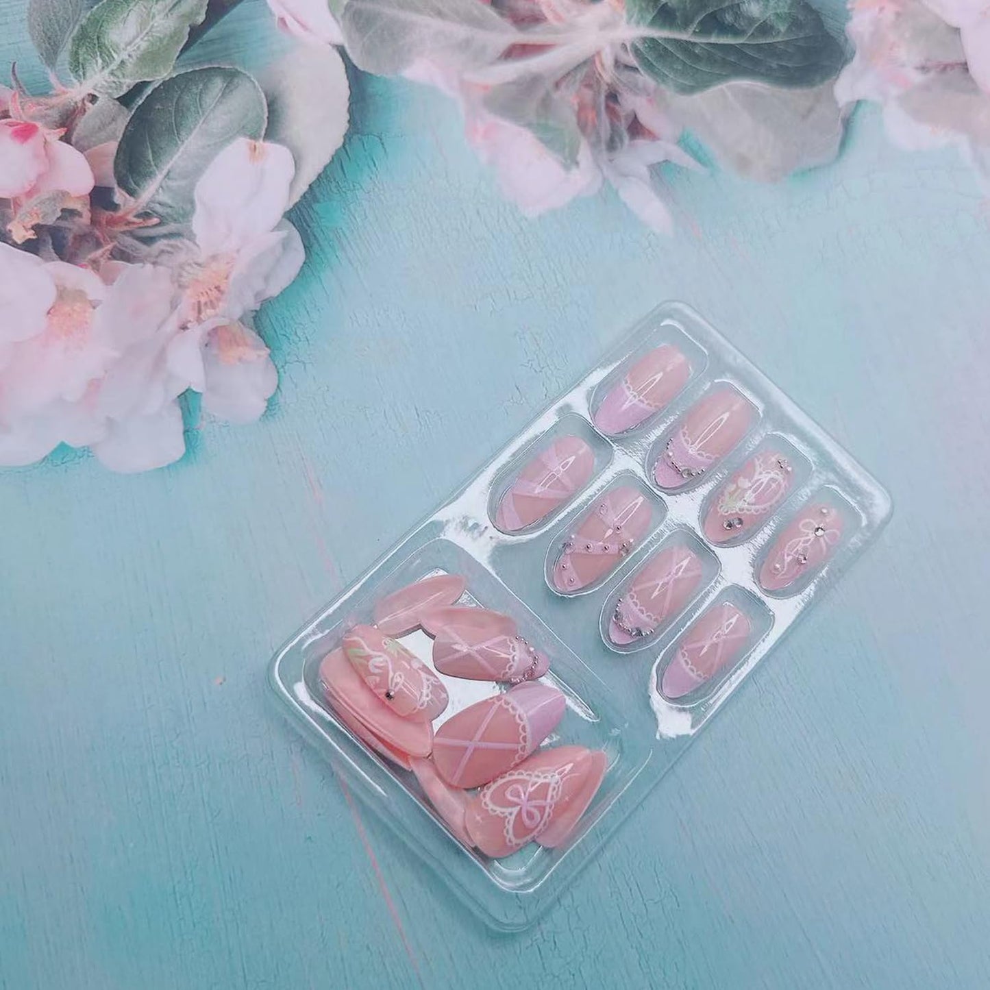 24Pcs French Tip Press on Nails Almond Fake Nails Pink Glossy Bow Designs Full Cover Nude Glue on Nails French Nails Press ons Cute Bow Stick on Nails for Women Medium Manicure Daily Wear