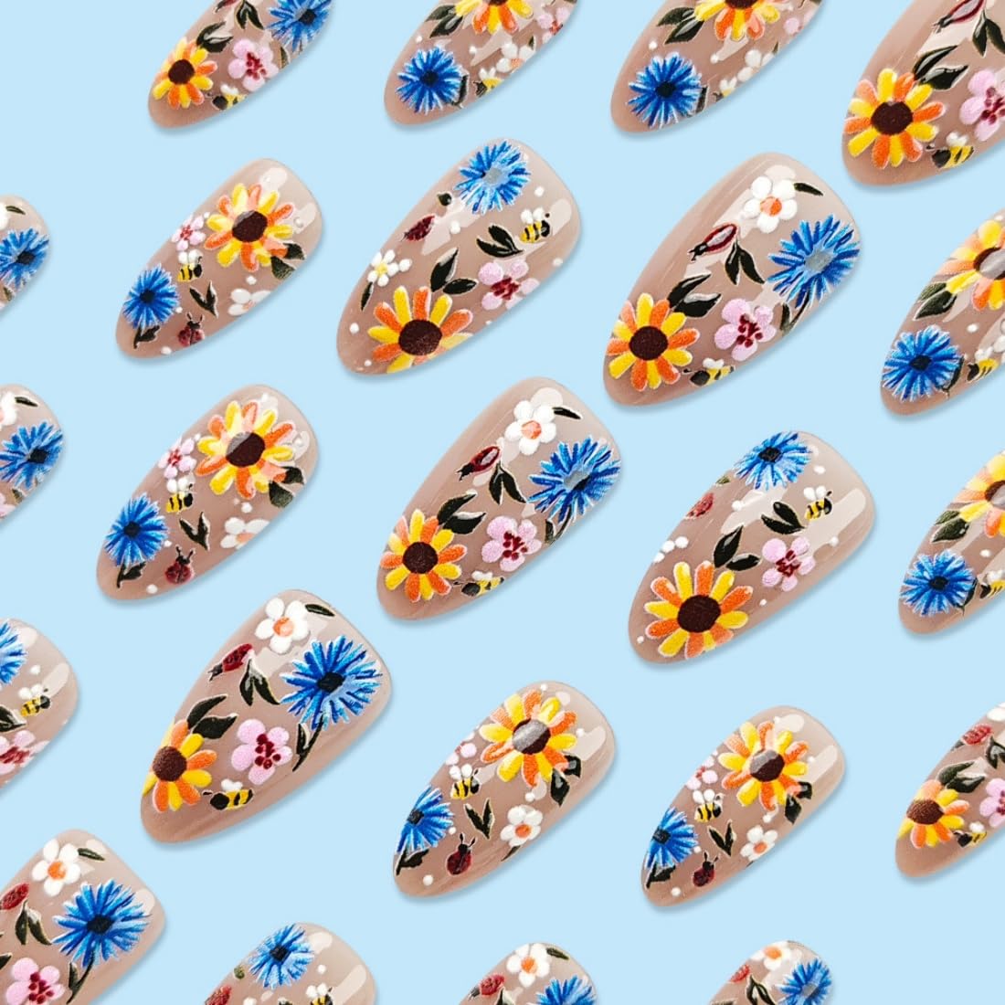 Press on Nails for Women Short Flowers French Almond Nail Tips Acrylic Nail Fake Nails Press 24 Pcs