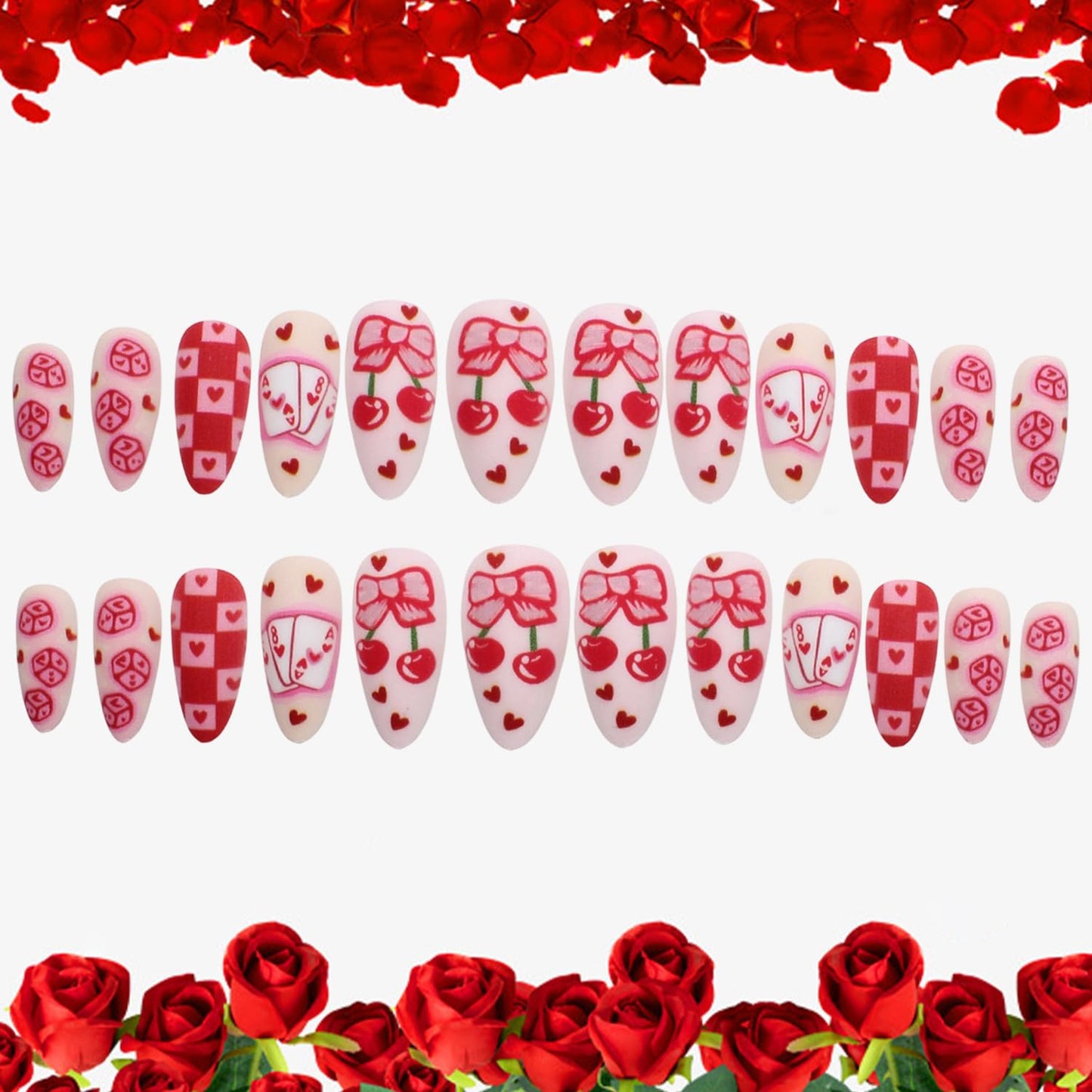 Valentines Press on Nails Medium Length Artificial Acrylic Almond Red Love False Nails Cherry with Poker Design Heart Full Cover Glossy Glue on Nail Artificial Fingernails for Women Festival Manicure