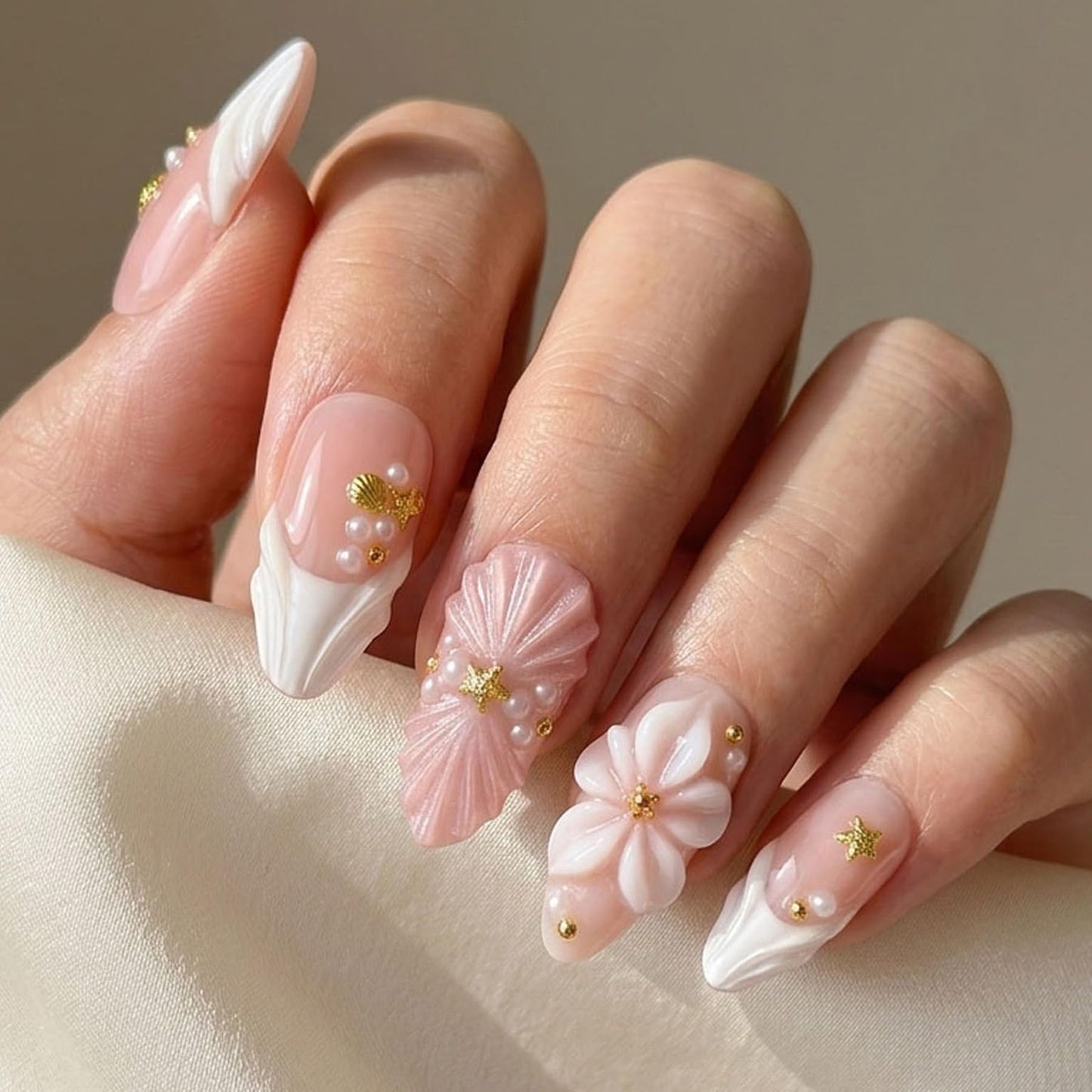Handmade Press on Nails Almond Shape 3D Cute Glue on Nails for Women, Luxury Homemade Press on Nail Art Design, Fake Nails with 3D Nail Charms Size M 1