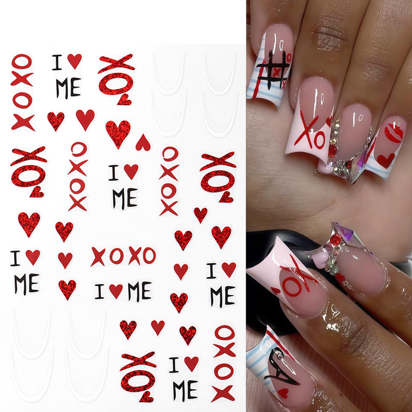 8Pcs Heart Nail Stickers Glitter Shiny Love Nail Decals 3D Self Adhesive Pearl Bow Cherry Nail Art Stickers Valentines Day Red Ombre Gold Hearts Designs Pink Heart French Line Nail Supplies for Women