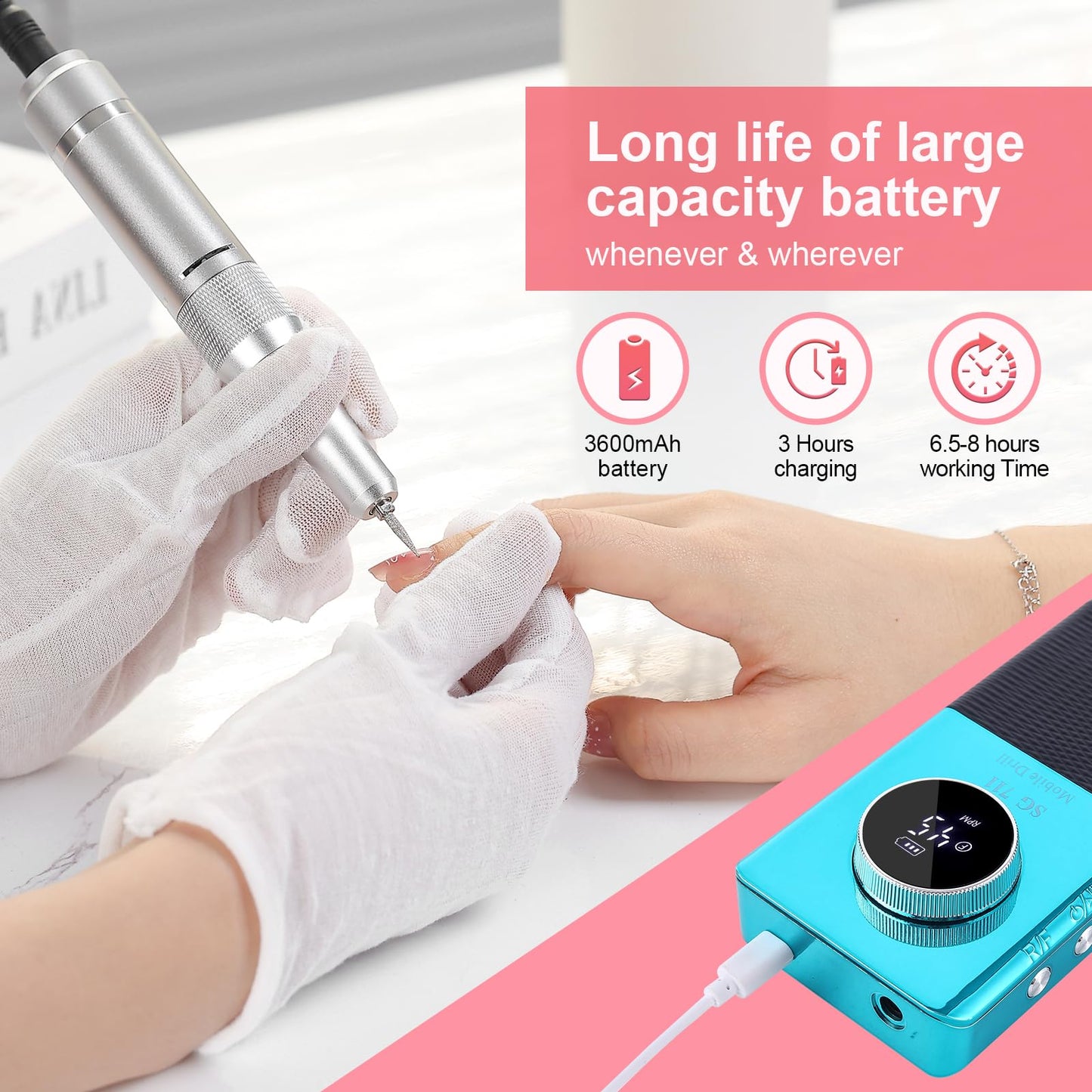 Electric 45000RPM Nail Drill Machine Rechargeable Portable Nail File Electric DIY Nail Drill Kit with Smart LCD Screen for Gel Nail Manicure and Pedicure Reflective Body etc (Blue)
