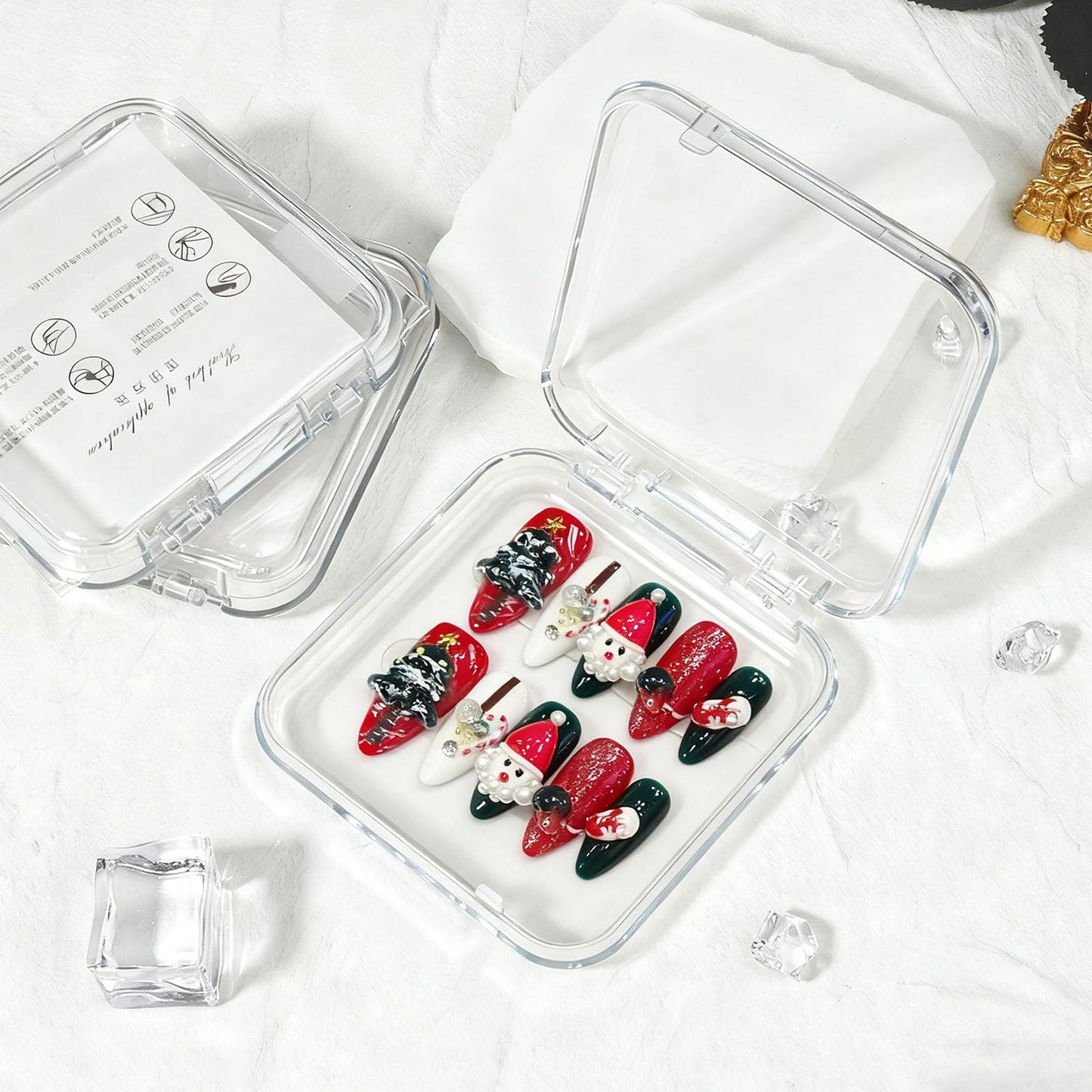 10 Pcs Christmas Handmade Acrylic Press on Nails Almond Medium Fake Nails with Design 3D Christmas Tree and Santa Claus Glue on Nails Artificial Handmade Christmas Nails for Women - Size M