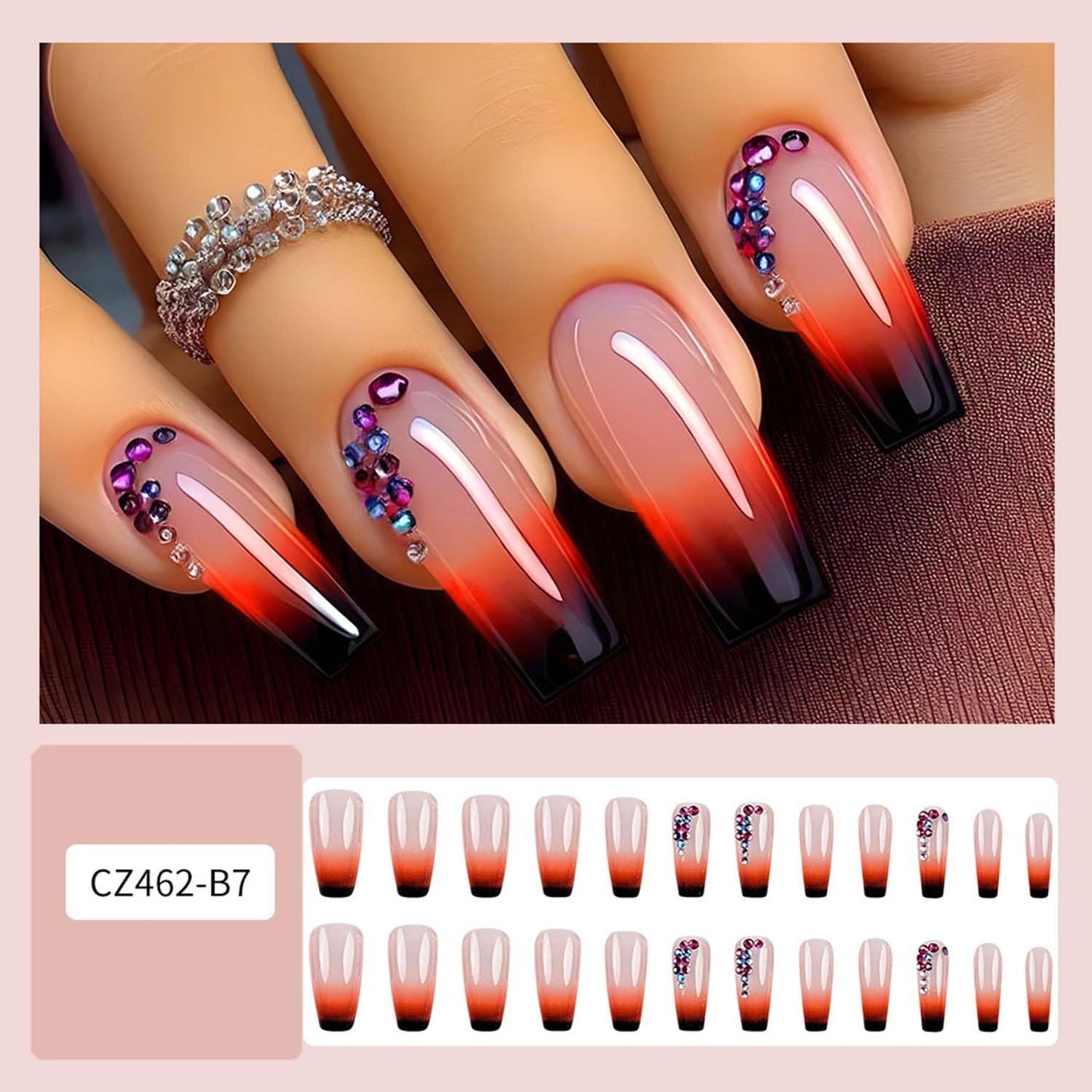 Coffin Press On Nails Medium Fake Nails Gradient With Rhinestone Design Black Ombre False Nails Full Cover Artificial Acrylic Glossy Glue On Nail Stick On Nail For Women Manicure 24pcs