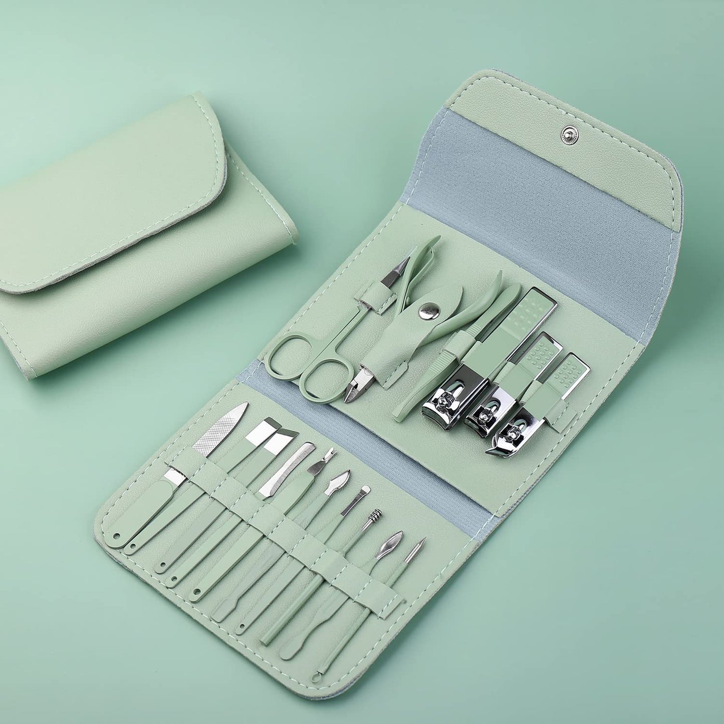 Manicure Set Professional, Nail Clippers, Pedicure Kit, 16 in 1 Grooming Kit Stainless Steel, Toenail Scissors Tools with Luxurious Leather Travel Case for Men Women Mint Upgraded Version