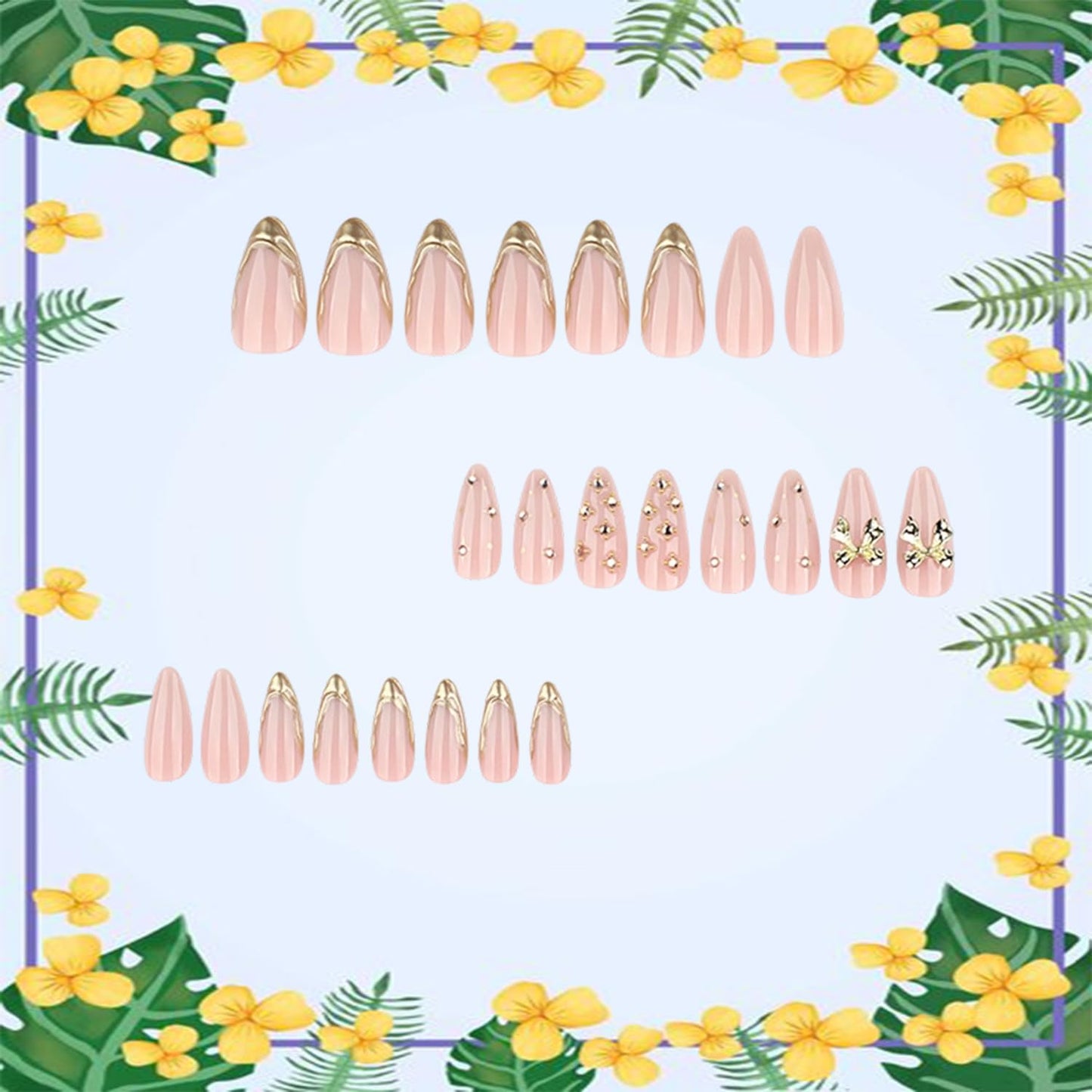 24Pcs Nude Pink Press on Nails Almond Shaped Artificial Acrylic French Metal Irregular Lines Design 3D Metallic Bow with Stars Fake Nails Medium Glossy Stick on Nail Artificial Fingernails for Women