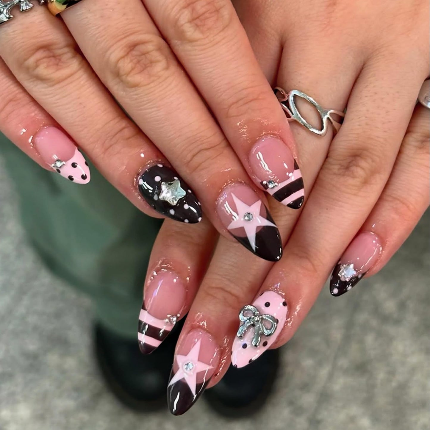 Long Press on Nails Almond Fake Nails Brown Artificial Nail Seeneey Y2K and Pink Stars Designs Cute Stick on Nail for Women 24pcs
