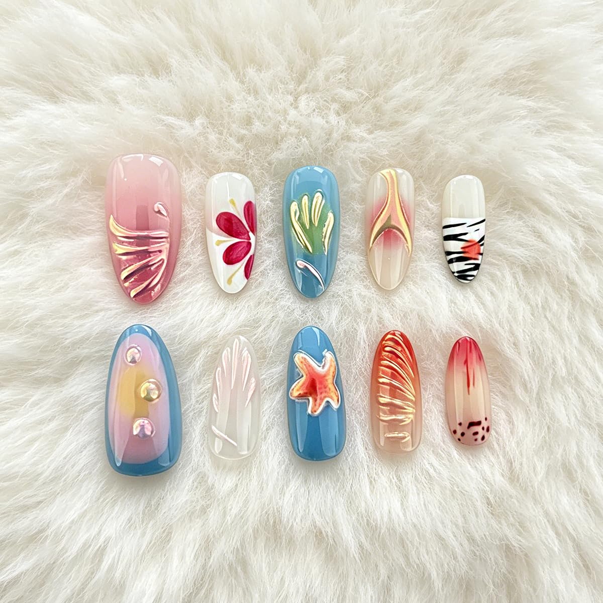 3D Press On Nails Almond Medium French Fake Nails with Cat's Eye Embossed Starfish Pearl Lines Summer Beach Designs, Acrylic Artificial Nail Press ons False Stick On Nails for Women Girls 30Pcs