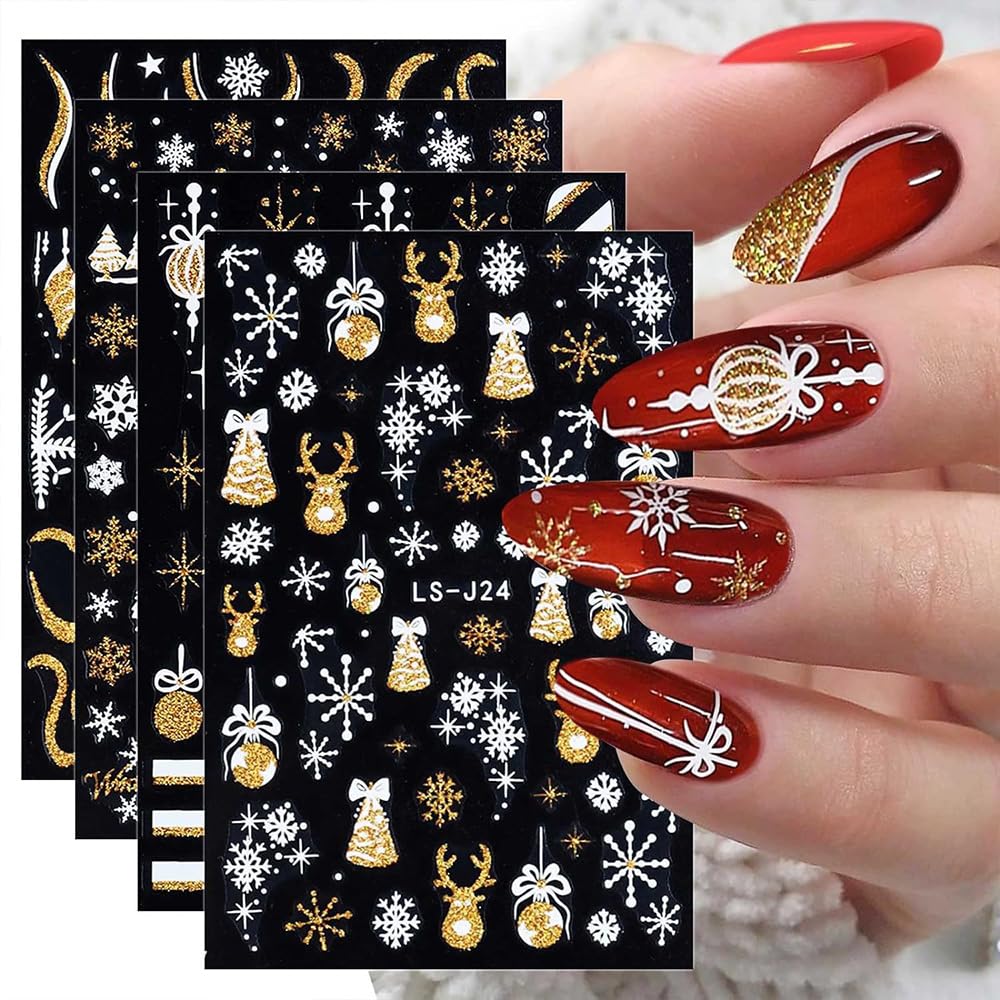 Christmas Glitter Nail Art Stickers Christmas Gold 3D Self-Adhesive Nail Stickers Sliver Snowflake Xmas Winter Nail Decals Nail Art Design Supplies for Women Nail Decoration