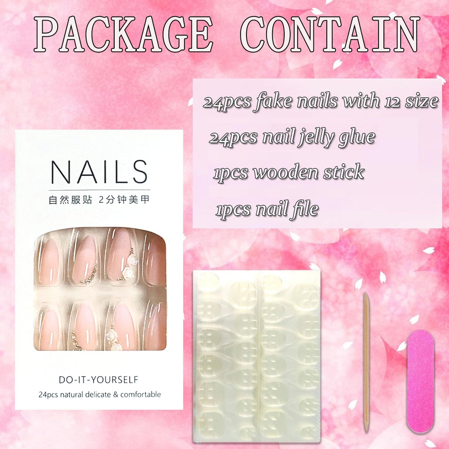 FIEONCIY Press on Almond Nails Short Length Glossy Acrylic Almond Shaped False Nails with Designs Artificial Medium Fake Nails with Charms Glue Stick on Fingernails for Women Girls(WSJ2403)