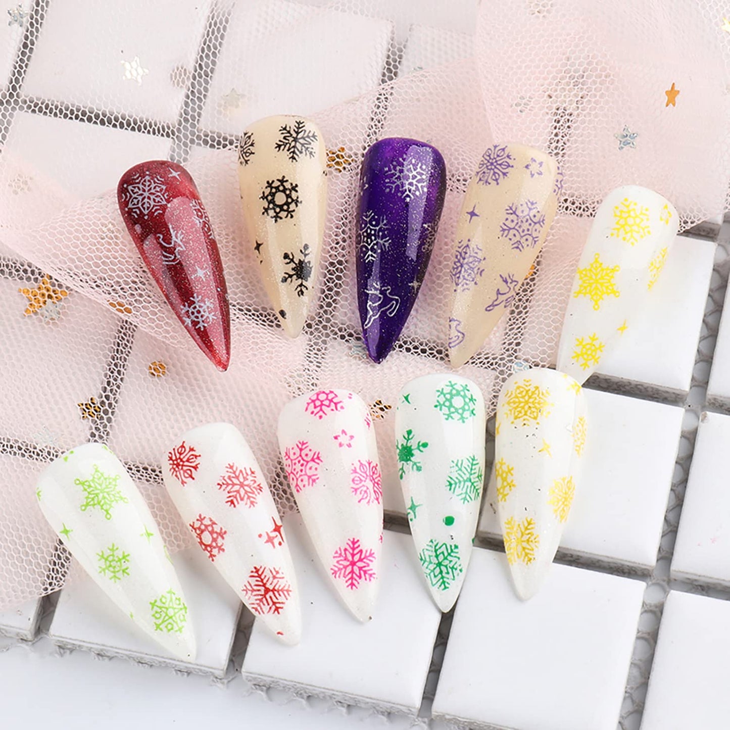 Christmas Holographic Nail Foil Transfer Stickers Decals, Winter Nail Polish Sheets Sky Starry Paper Transfer Foils Snowflake Nails Supplies for Nail Transfer Glue Women Manicure Nail Film Decorations