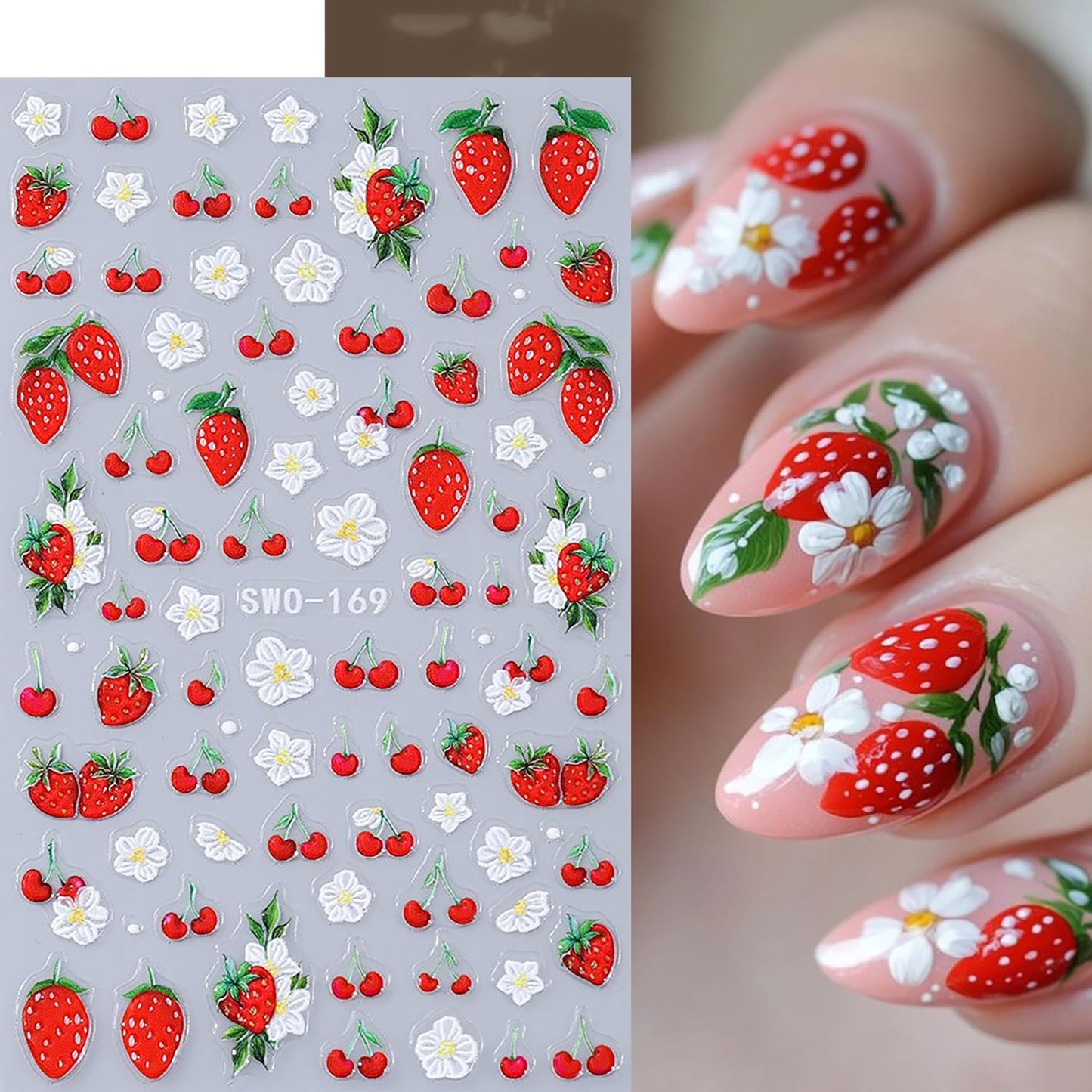 CJDLTS 2 Sheets Strawberry Flower Nail Art Stickers 3D Self -Adhesive Cute Strawberry White Floral Nail Decals Holographic Spring Nails Stickers for Women Summer Acrylic Nails Decoration Supplies
