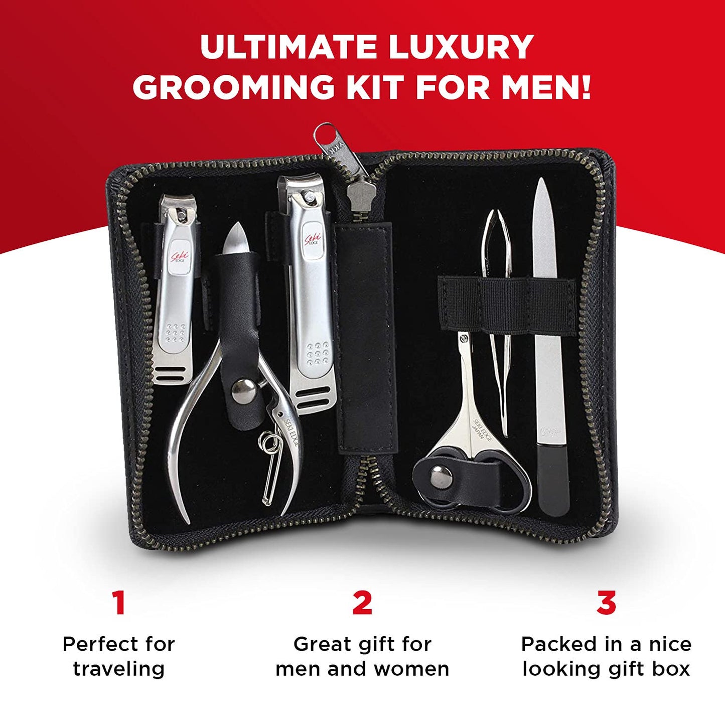 Seki Edge Craftsman Luxury Men's Grooming Set (SS-3103) - 6 Piece Premium Manicure & Pedicure Kit with Clippers, Nipper, Scissors, File, Tweezers in Travel Case