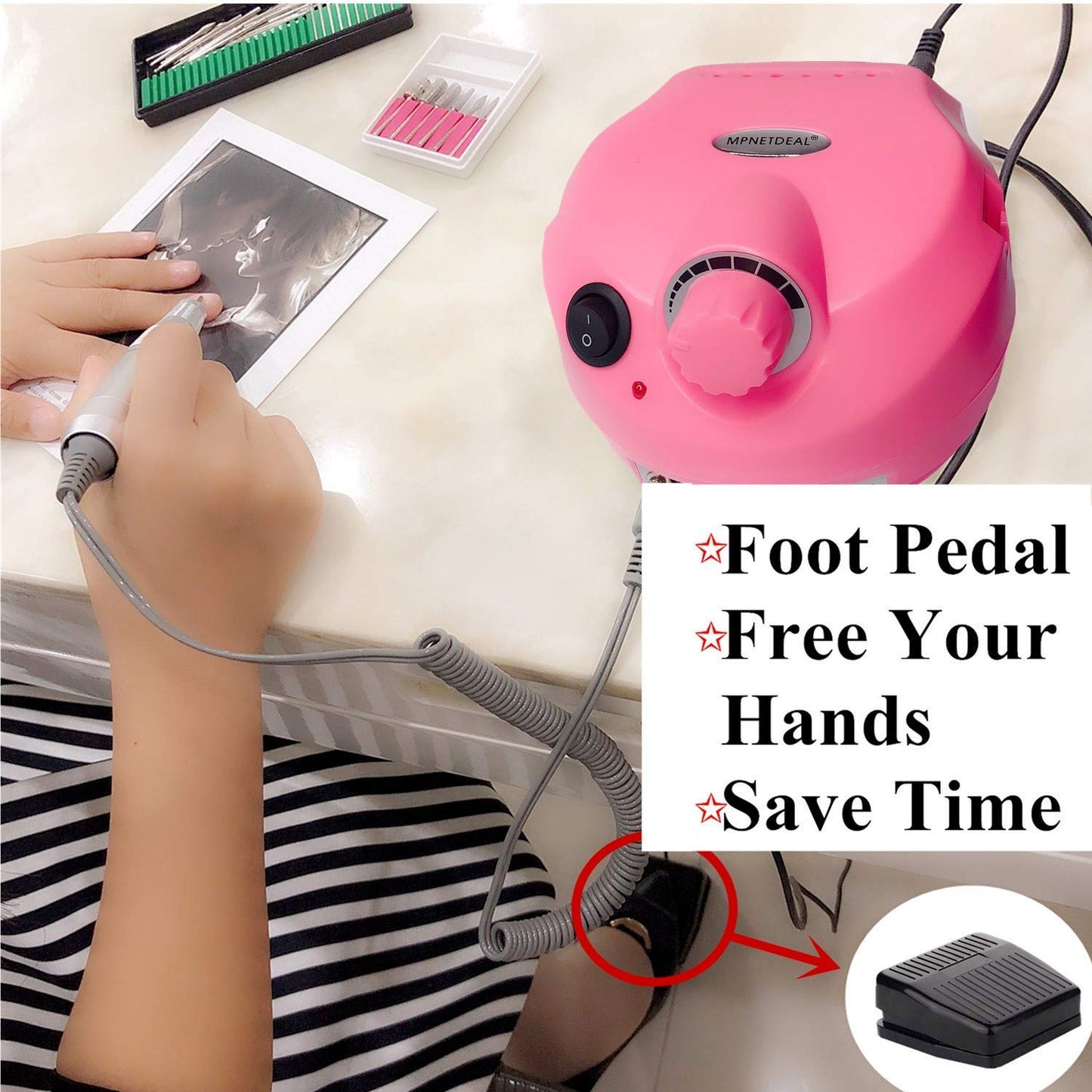 MPNETDEAL Electric Nail Drill Efile Professional Nail Drill Machine 30000RPM Tools for Acrylics Nails Natural Nails with Foot Pedal Ideal for Gel Nail at Home use or Nail Salon (Pink)