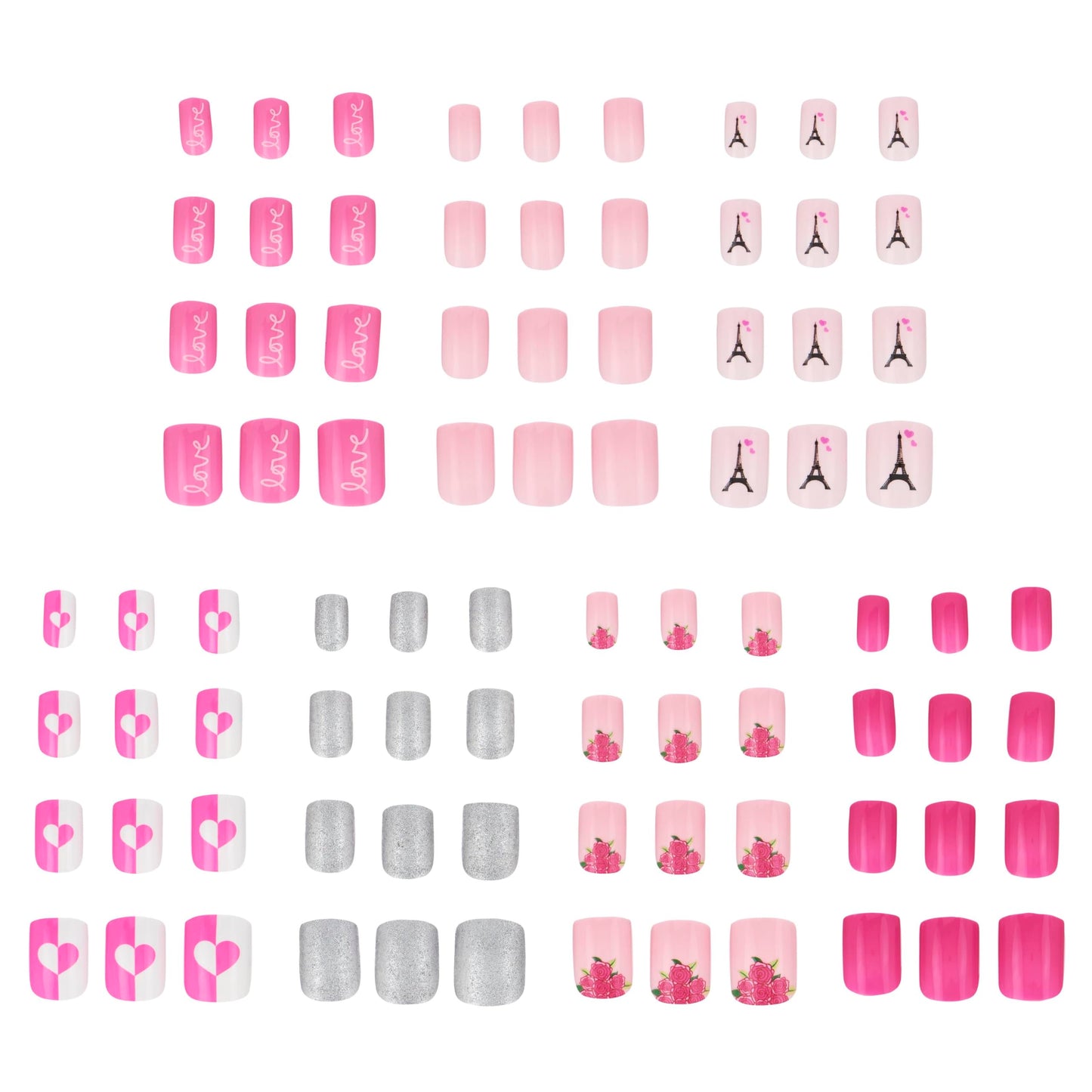 7 Day Manicure Collection - 84PC Press On Nail Set, Day-Of-The-Week Adhesive False Nails for Girls (PARIS LOVE Collection) – Colorful Novelty Designs Stick On Nails For Kids