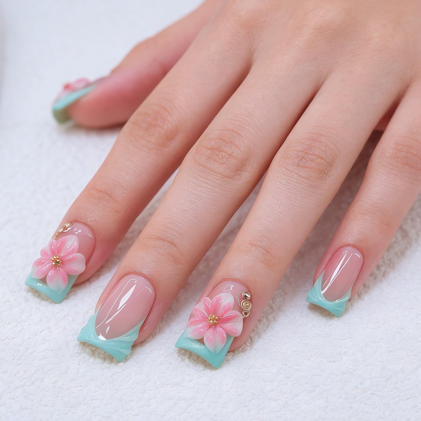 Duck Press on Nails Handmade 3D Pink White Flower Fake Nails Muti-Layer Soft Gel Short Blue French Tip Acrylic Nails Salon Quality Handmade False Nail Press Ons Luxury Stick on Nail for Women (S)