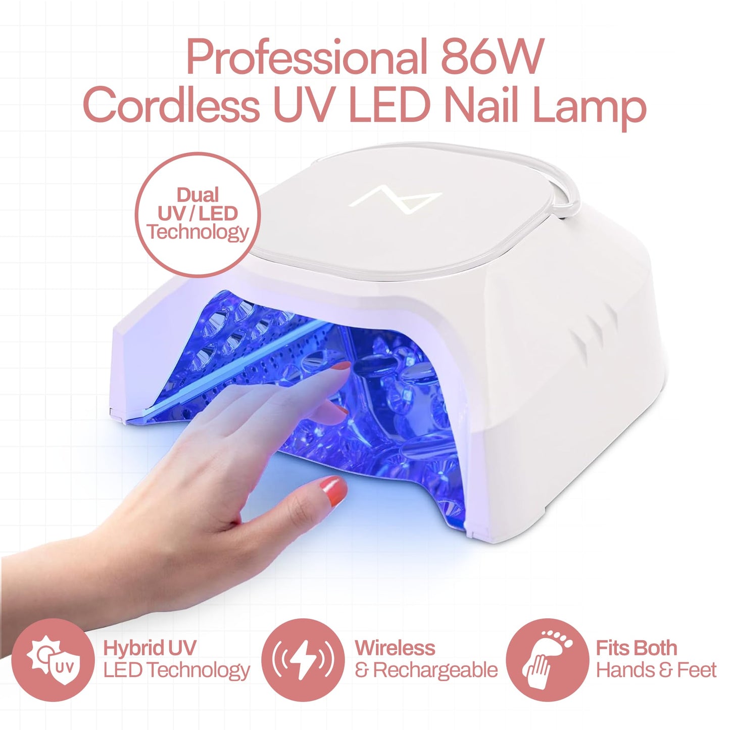 M - GlowPro Professional Hybrid 86W Wireless Rechargeable UV LED Nail Curing Lamp Cordless Nail Dryer for Gel Nails, Manicure, Pedicure (Purple)