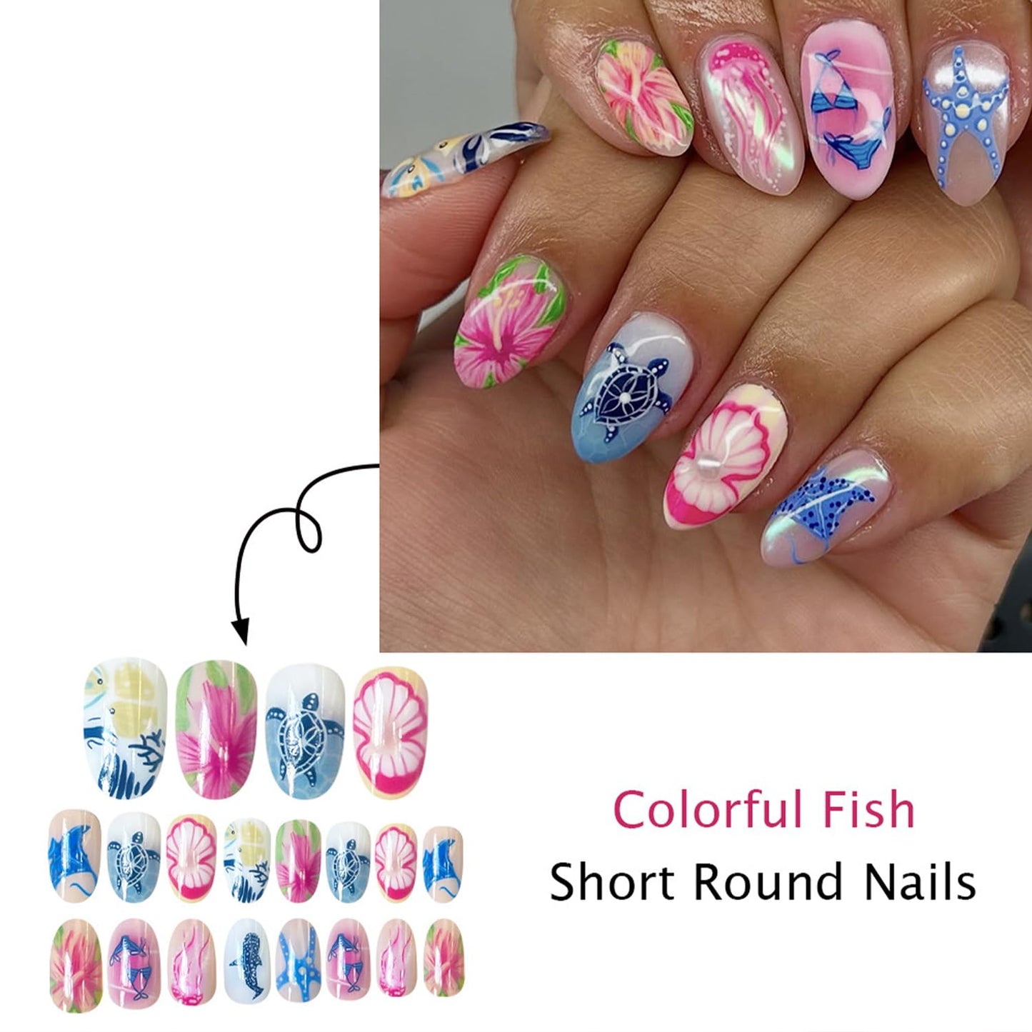 Summer Ocean Press on Nails Flowers Medium Almond False Nails with Starfish Sea Turtle Design Full Cover Glue on Nail Marine Animals Reusable Acrylic Fake Nails Artificial Stick on Nail for Women